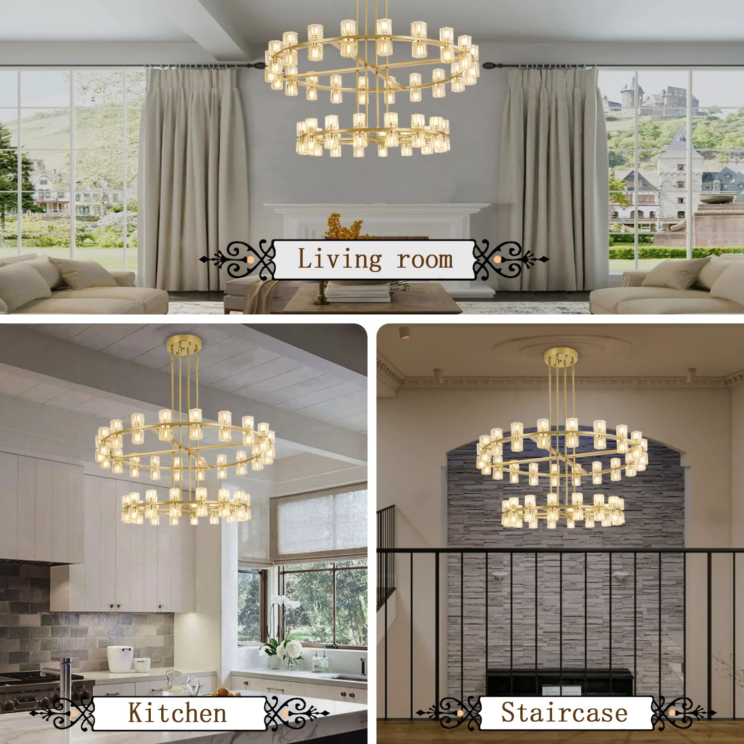 Shial Lighting 2 Tier Gold Wagon Wheel Chandelier, 108-Lights Farmhouse Pendant Light Fixture, Rustic Round Chandelier for Foyer Entryway Living Room (Dia 32"+40")