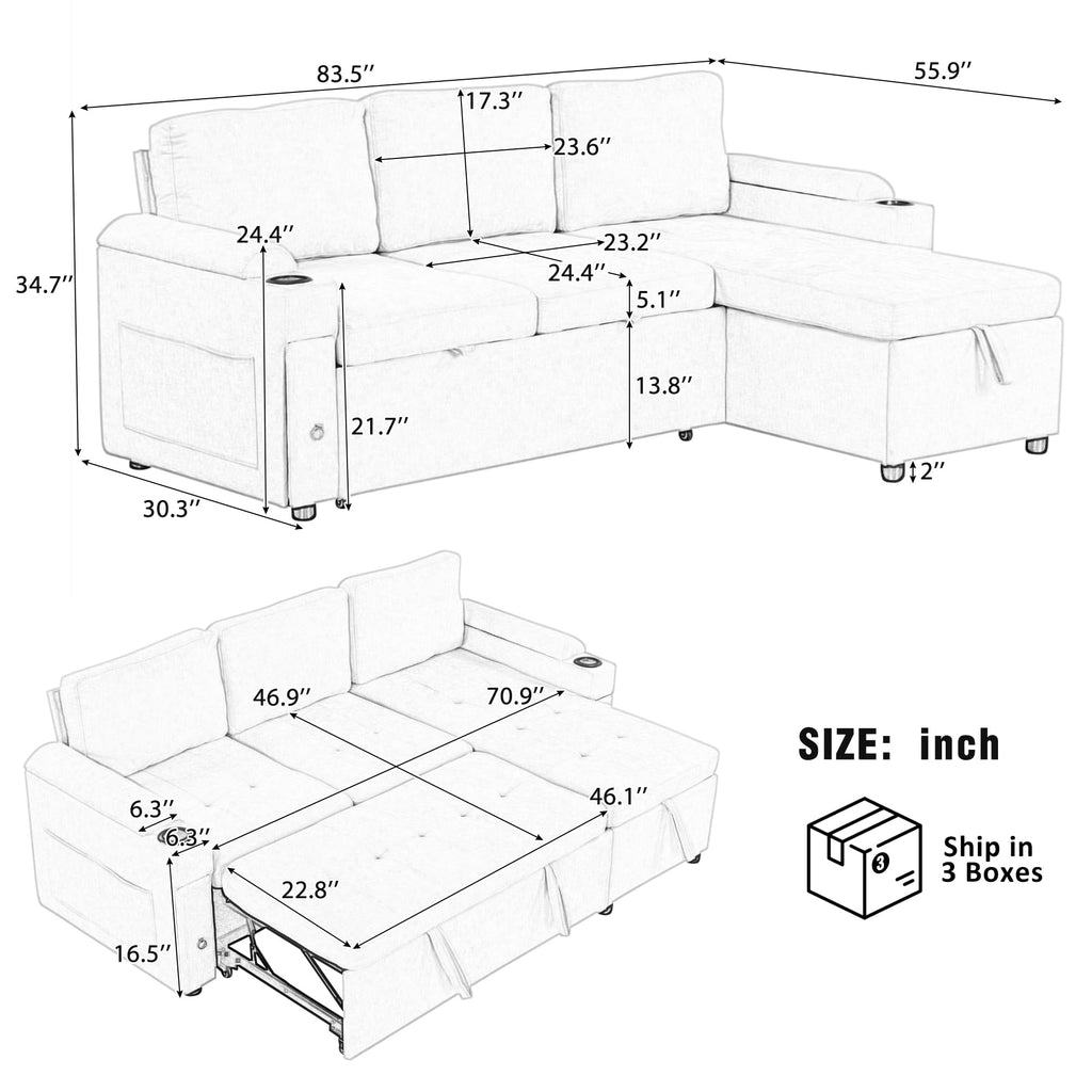 Merax Modern 83.5" L-Shaped Sectional Sofa with Pull-Out Sleeper Bed, USB Ports & Cup Holders, Chenille 3-Seat Couch with Storage Chaise Lounge, Side Pocket & Drawers for Living Room, Black
