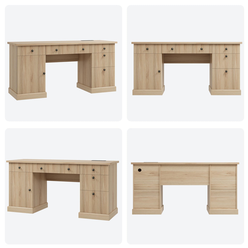 Garvee 60" Office Desk with Storage & Drawers. Fluted Wood Computer Desk with Power Outlet & Adjustable Shelves.Modern Executive Desk for Home Office/Bedroom/Gaming-Burlywood