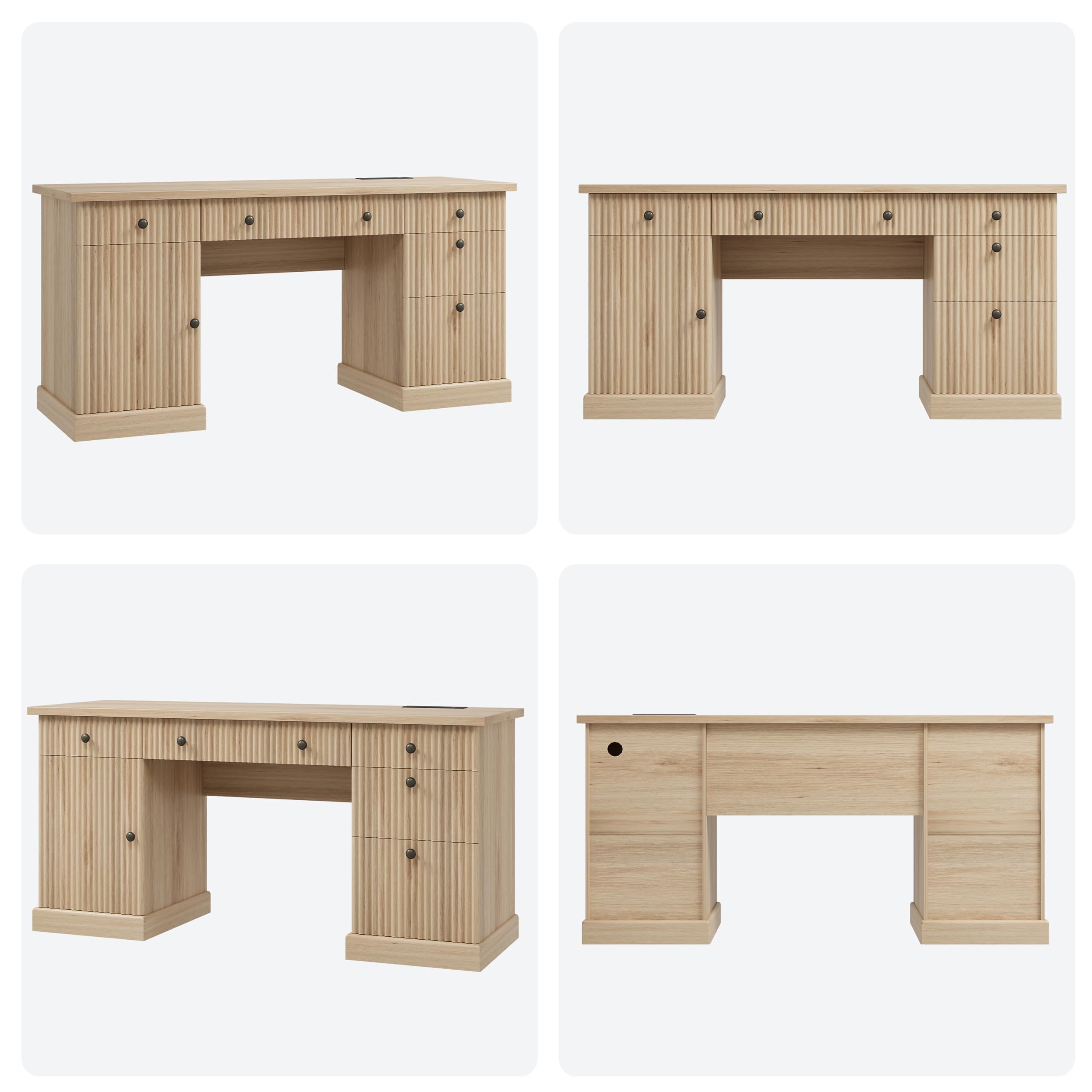 Garvee 60" Office Desk with Storage & Drawers. Fluted Wood Computer Desk with Power Outlet & Adjustable Shelves.Modern Executive Desk for Home Office/Bedroom/Gaming-Burlywood