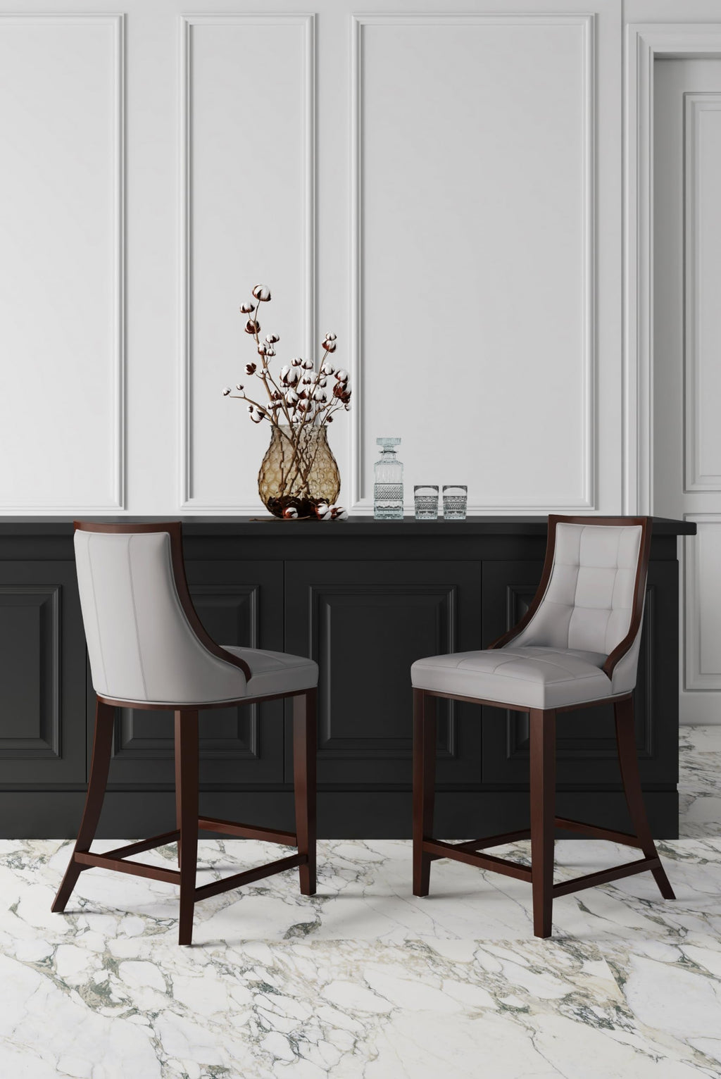 Manhattan Comfort Fifth Avenue Faux Leather Counter Stools with Rectangular Design Stitching, Foam Padding & Solid Beech Wood Frame, Fully Assembled Countertop Chairs, Set of 3, Light Grey