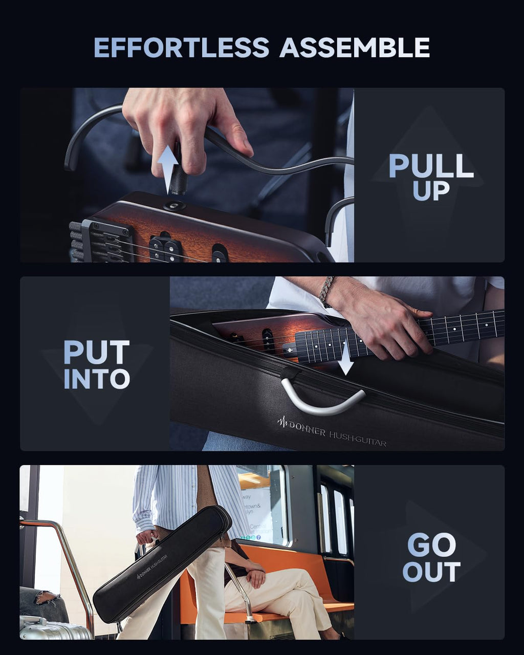 Donner HUSH X Electric Guitar Kit - Featherlight Headless Guitar, Great for Travel and Practice, Mahogany Solid Body with Easy Assemble Stands, Gig Bag, All Accessories, Sunburst