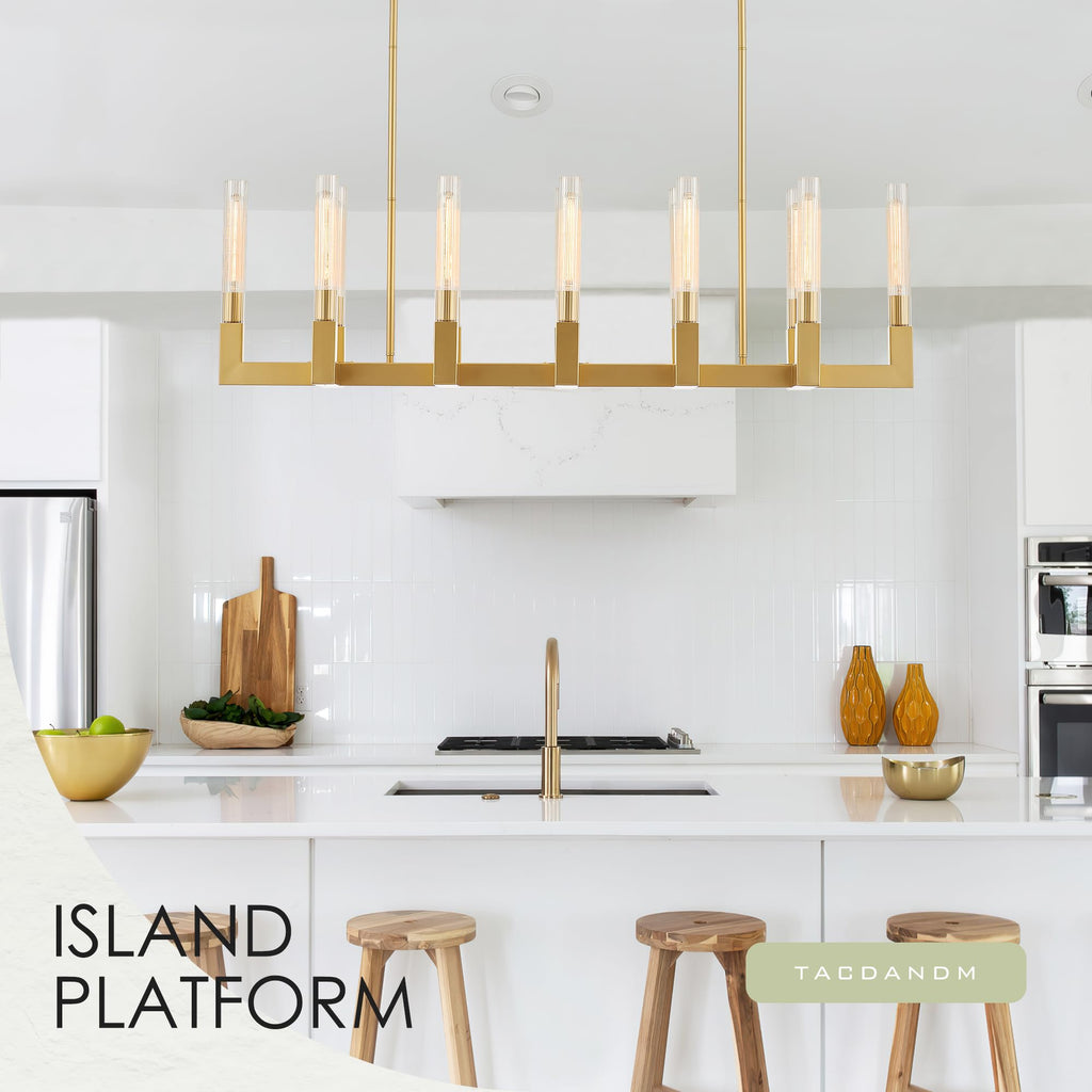 TACDANDM 54-inch Linear Dining Room Pendant Light Fixture with Glass Tube,Gold Rectangular 12-Lights Industrial Kitchen Island Lighting Over Table(Included E26 Bulbs)