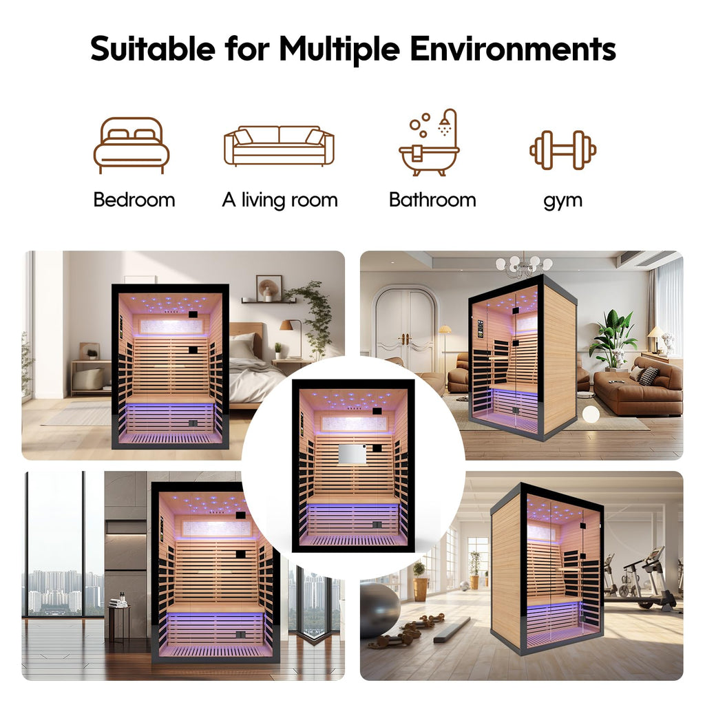 OUTEXER 2 Person Infrared Sauna Room Far Infrared Saunas Home Canadian Hemlock Indoor 2100W Low-EMF Dry Saunas with Oxygen Bar 7 Color Therapy 53.1 * 47.2 * 74.8inch