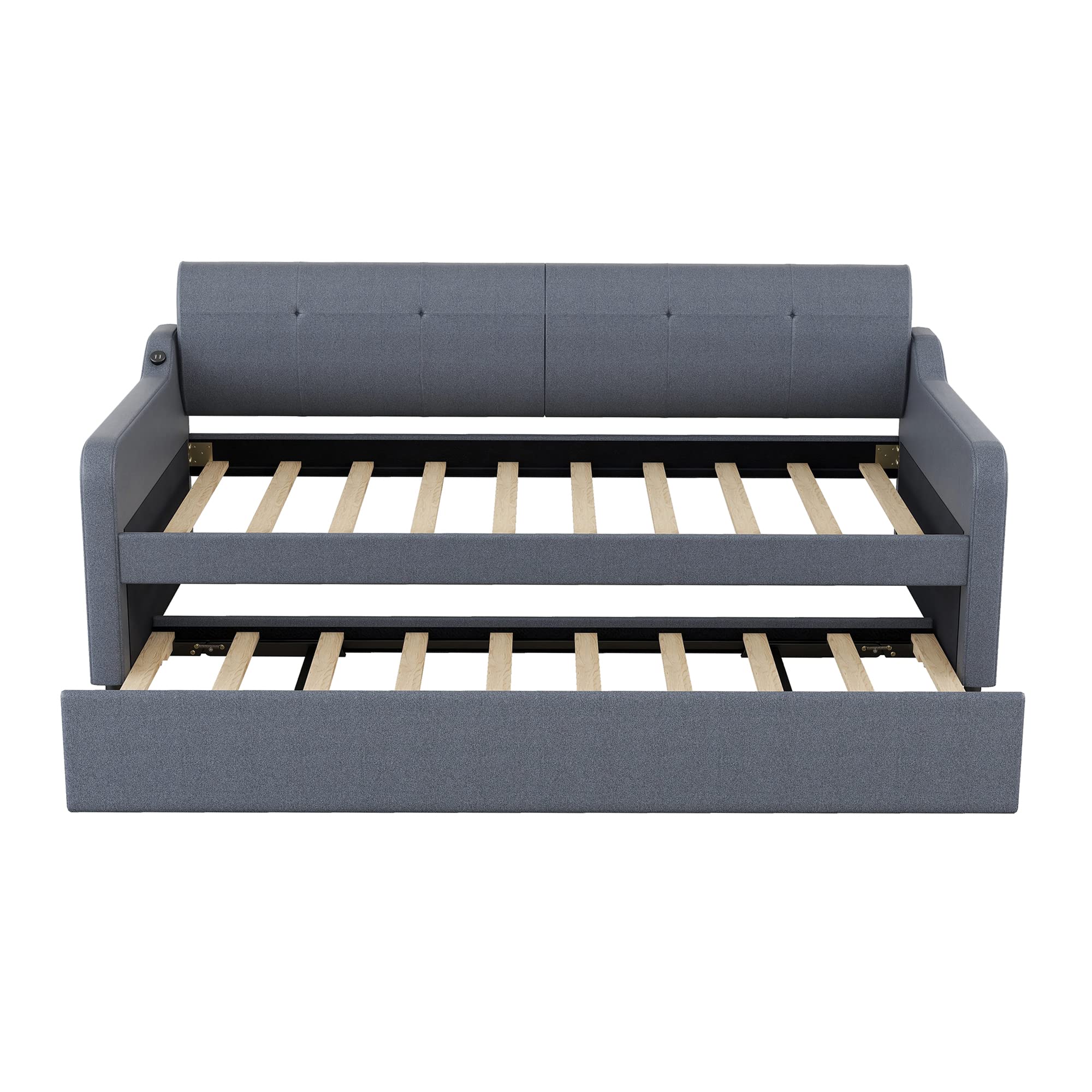 GDFStudio Twin Size Upholstered Daybed with Trundle and USB Charging Port, Pop-Up Trundle Flat or Elevated, Woven Fabric Day Bed Frame with Backrest and Armrests, Gray
