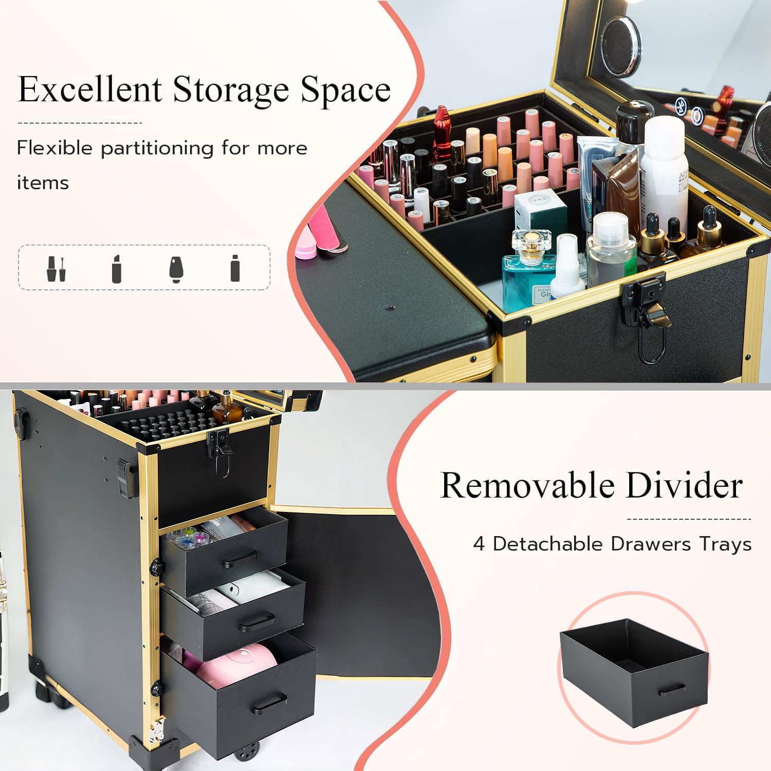 Gdsshuhung Portable Nail Desk with LED Mirror, Heavy Duty Foldable Manicure Table with 3 Drawers, Rolling Makeup Train Case Cosmetology Trolley on Wheels, Mobile Nail Tech Workstation (Gold)