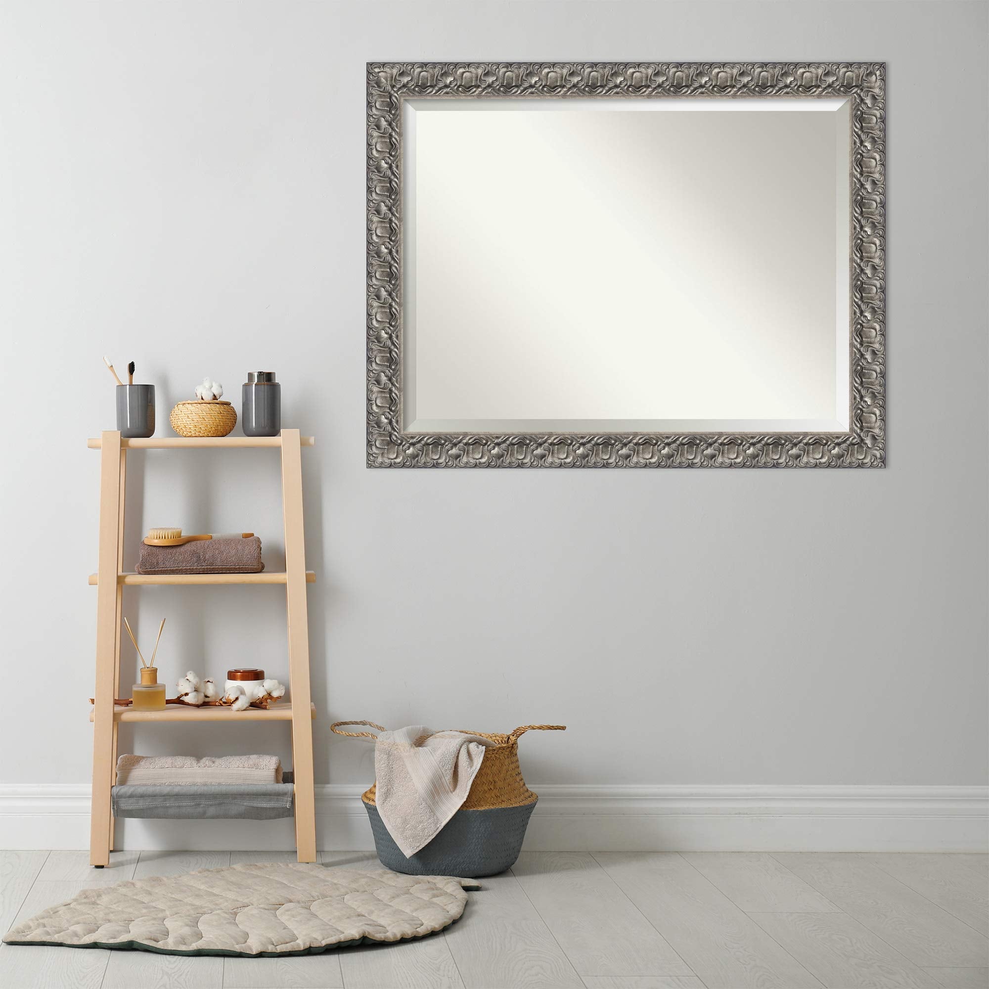 Amanti Art Silver Bathroom Mirror for Over Sink, 36x46 Silver Luxor Rectangle Vanity Mirror, X-Large Traditional Wood Frame, Hangs Horizonally and Vertically, Bathroom Wall Decor, Beveled Edge