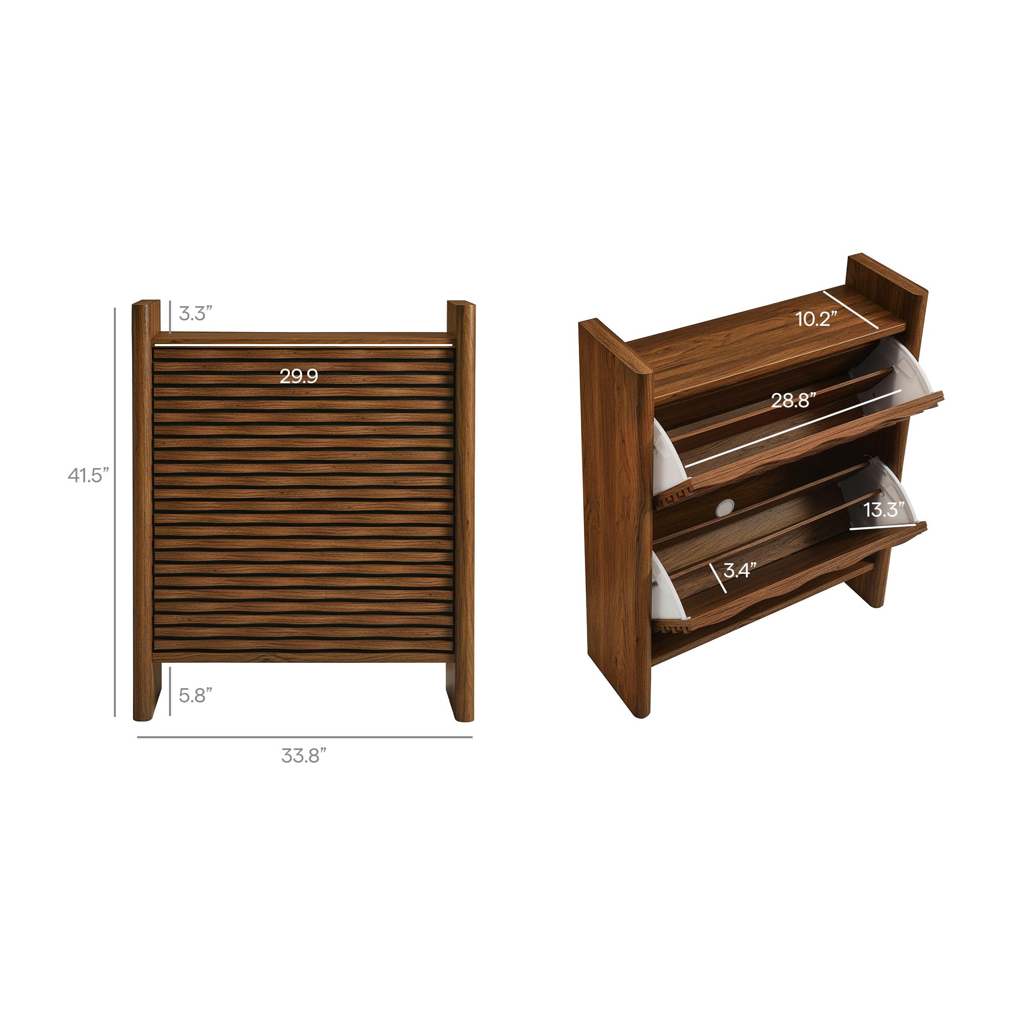 Modway Emric 35 Inch Wave Shoe Storage Cabinet in Walnut – Modern Slatted Front Shoe Rack Cabinet with 2 Flip Drawers for Entryway, Hallway, or Bedroom