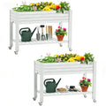 YITAHOME 43.3x17.7x34 in Elevated Garden Bed 2pcs, Outdoor Plastic Planter Box with Wheels, Legs, Drain Plug, and Storage Shelf for Plants, Vegetables, Flowers, Herbs, Grayish-White