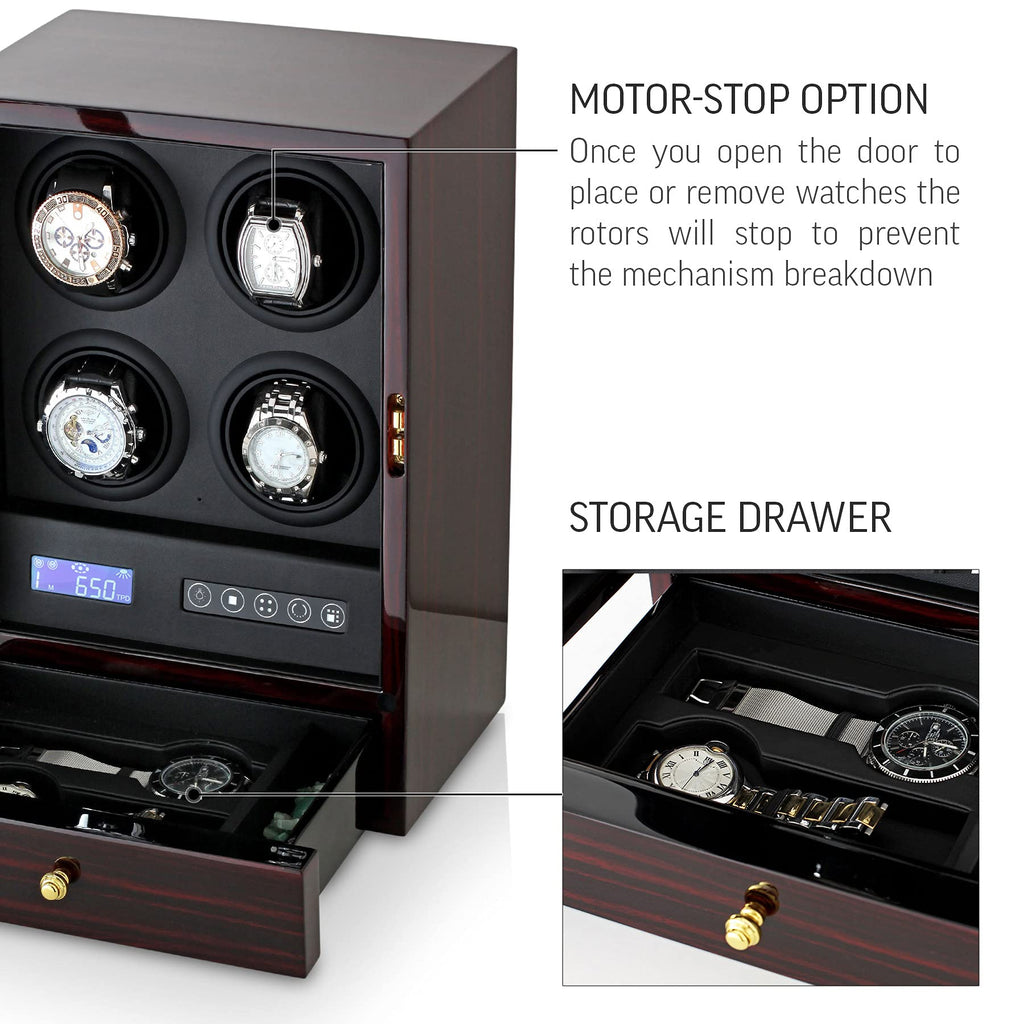 Automatic Watch Winder with LED Light, Storage Drawer and LCD Touchscreen Control (Ebony)