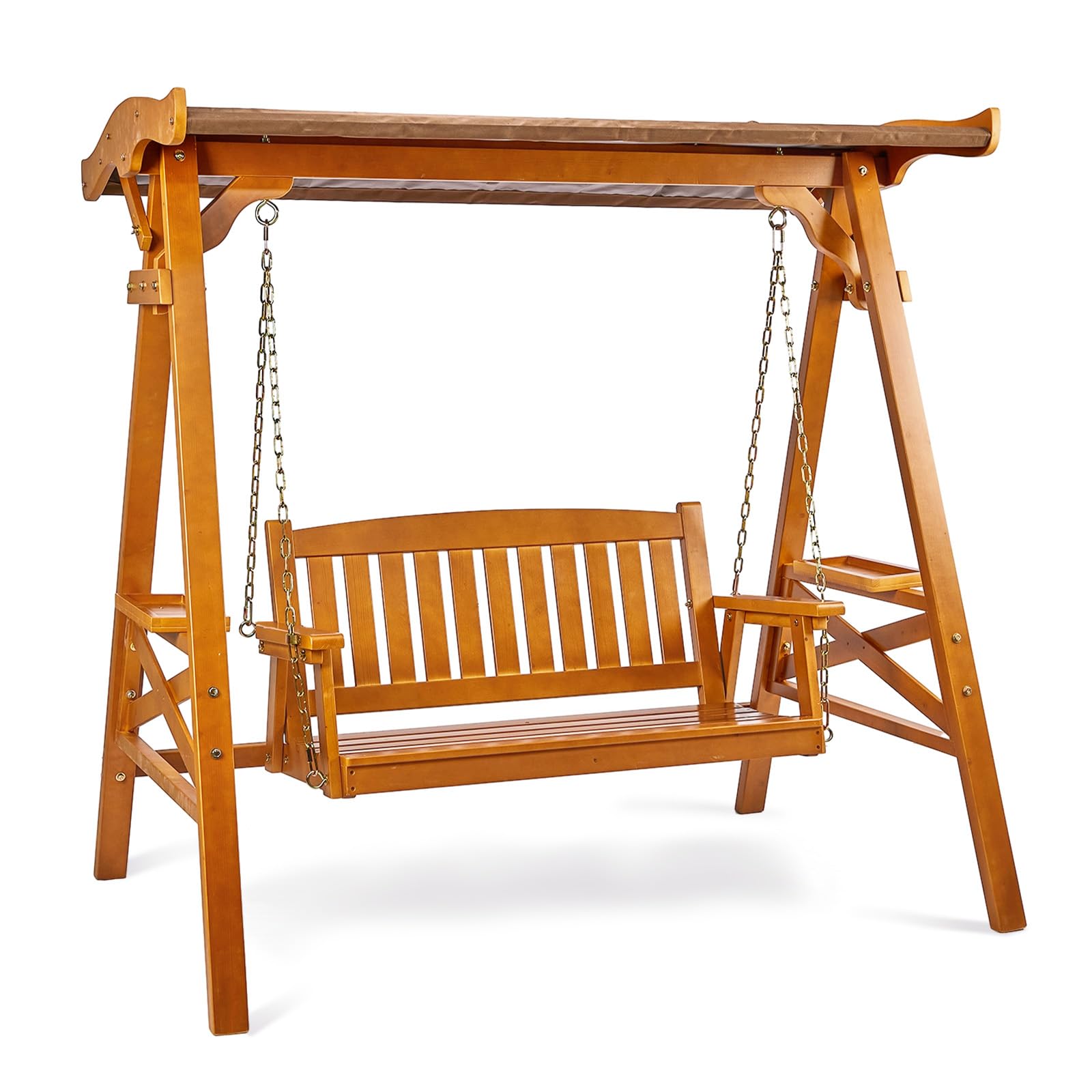VINGLI Porch Swing with Stand, Porch Swing with Canopy, Waterproof Patio Swing with Cup Holder, Outdoor Swing Set for Garden, Yard, Patio, Teak