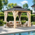 10x10 FT Hardtop Gazebo Outdoor Wooden Pavilion with Cedar Wood Frame Double Galvanized Steel Roof Netting and Curtains Heavy Duty Weather Resistant Patio Shelter for Garden Backyard Khaki