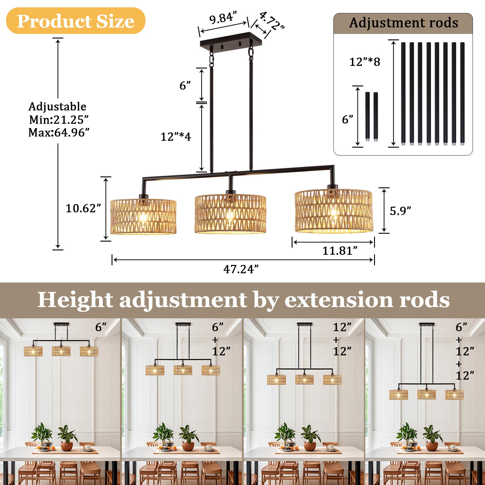 MRHYSWD 47" Hand Woven Rattan Chandeliers for Dining Room, 3-light Boho Linear Chandeliers Large Farmhouse Kitchen Island Lighting, Black Finish Pendant Light Fixtures Over Table, Bar, Living Room,E26