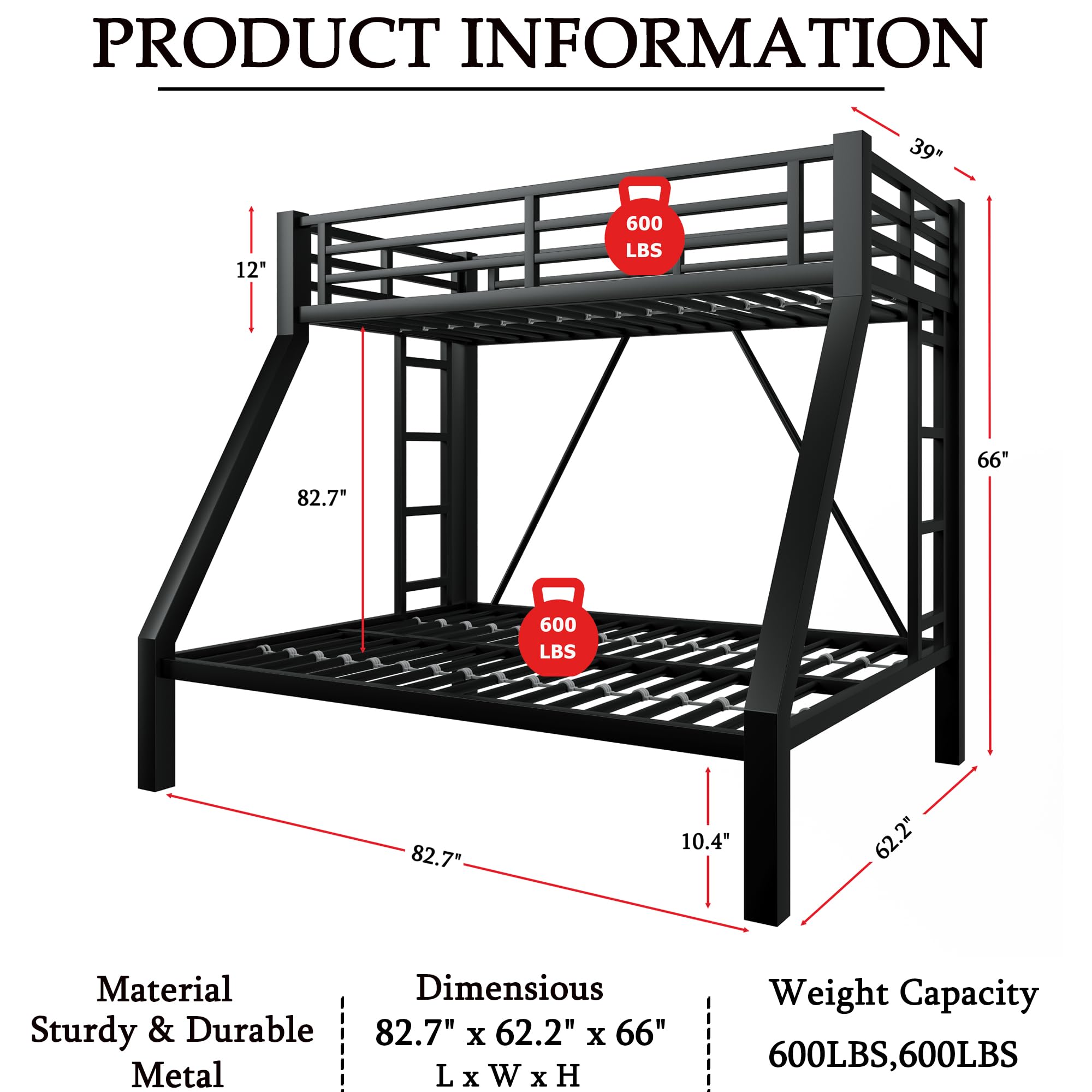 ATOPCORP Heavy-Duty Metal Twin XL Over Queen Bunk Bed with 2 Ladders,Higher Quality Metal Bunk Bed Queen Size for Boys Girls Teens Adults,No Box Spring Needed,Weight Capacity 600LBS (Black)