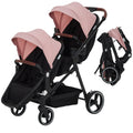 Tandem Double Stroller for Twins, Foldable Baby Stroller for Newborns 0-6 Months, Reversible Adjustable Seats, Shock-Absorbing Swivel Wheels & One-Step Brake, Storage Basket & Sun Canopy, Pink