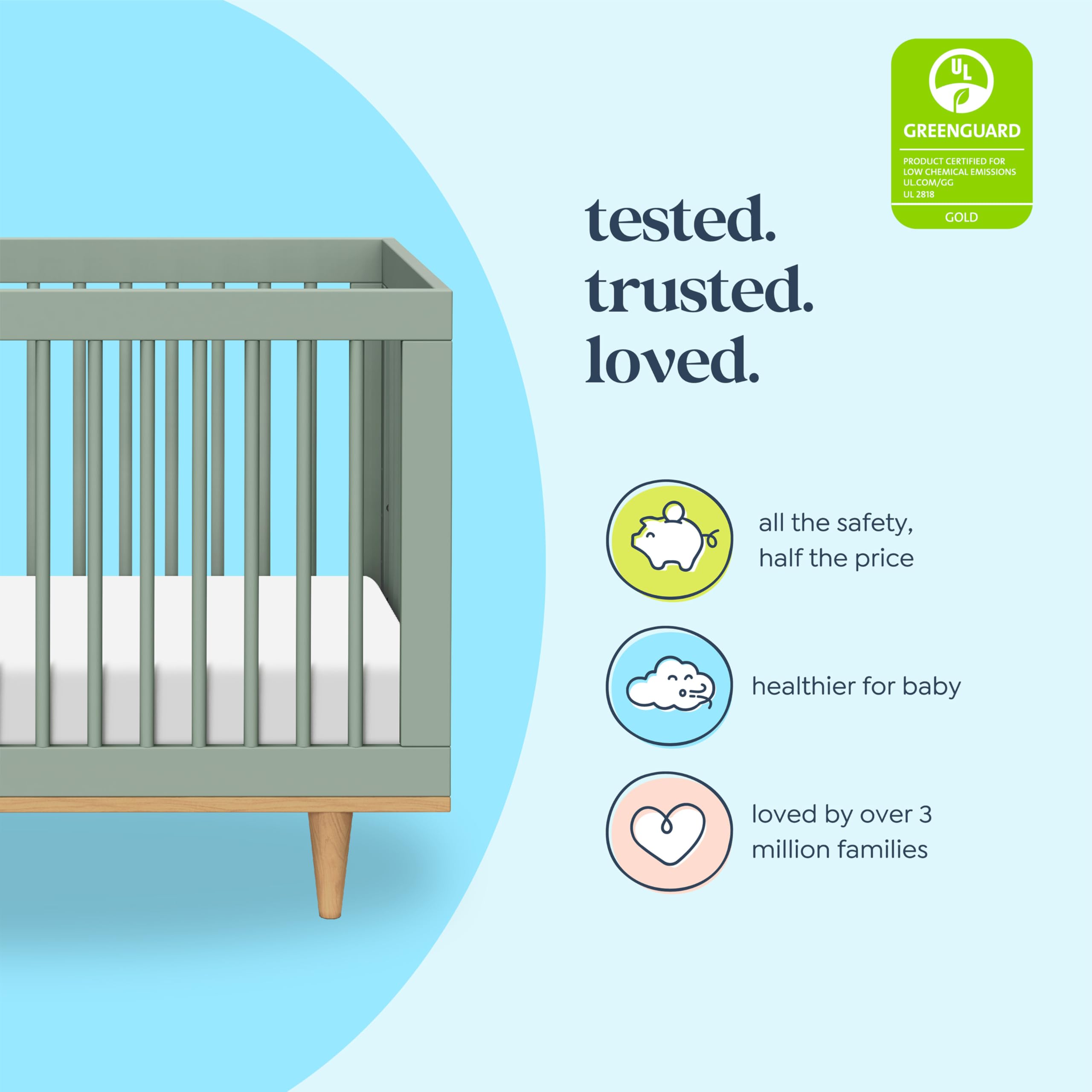 Davinci Marley 3-in-1 Baby Crib Convertible to Toddler Bed & Daybed - Easy to Assemble Wooden Crib - GREENGUARD Gold Certified - 4 Adjustable Heights - Conversion Kit Sold Separately, Light Sage