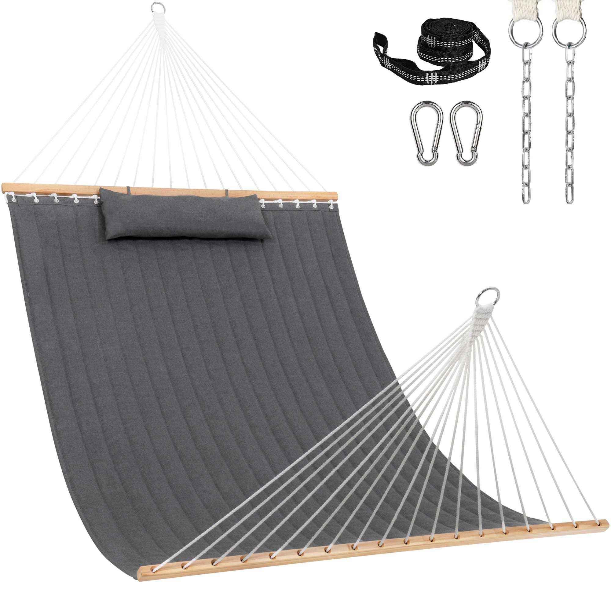 Lazy Daze Hammocks 12 FT Sunbrella Fabric Quilted Hammock Double Sunbrella Quilted Hammock with Spreader Bars & Pillow, All Weather and Fade Resistant for Outdoor, 450 lbs Capacity, Cast Slate