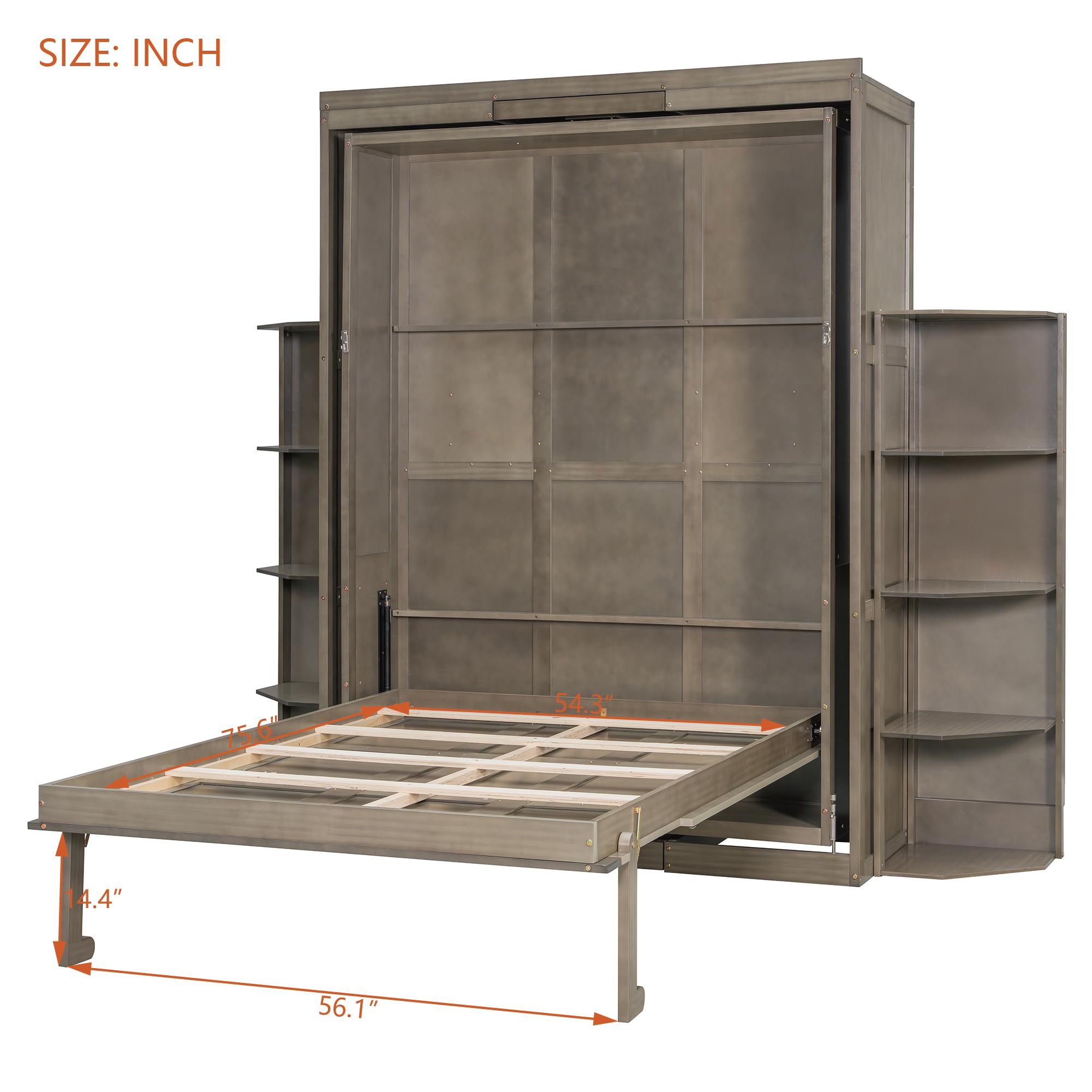 Rotating Full Murphy Bed with Hidden Wall Cabinet, Dual 3-Tier Side Shelves, Convertible Desk, Extra Storage Racks, Space-Saving Multifunctional Wall Bed for Home Office &Small Rooms, Gray