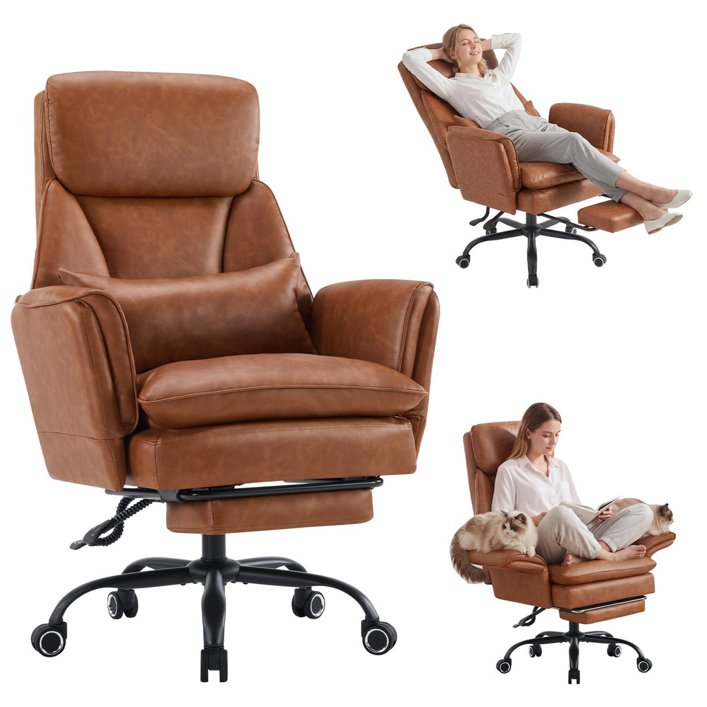 Furniliving Big and Tall Office Chair, Ergonomic Computer Desk Chair with Footrest, Wide Seat Reclining Gaming Chair, Flip Armrests for Cross Legged Sitting, Heavy Duty Support up to 400LBS, PU, Brown