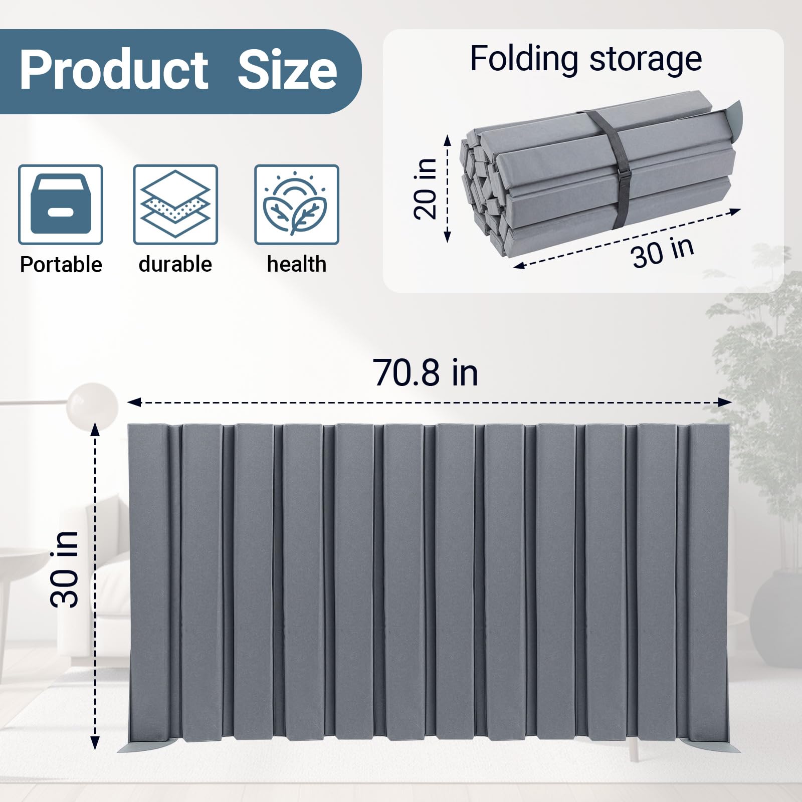 AmazingSpark 1 Pcs 30" X 6' Soundproof Room Divider Panel, Foldable Acoustic Partition Wall with Stand and Straps, Freestanding Privacy Screen for Office Study Bedroom Studio Library (Grey)