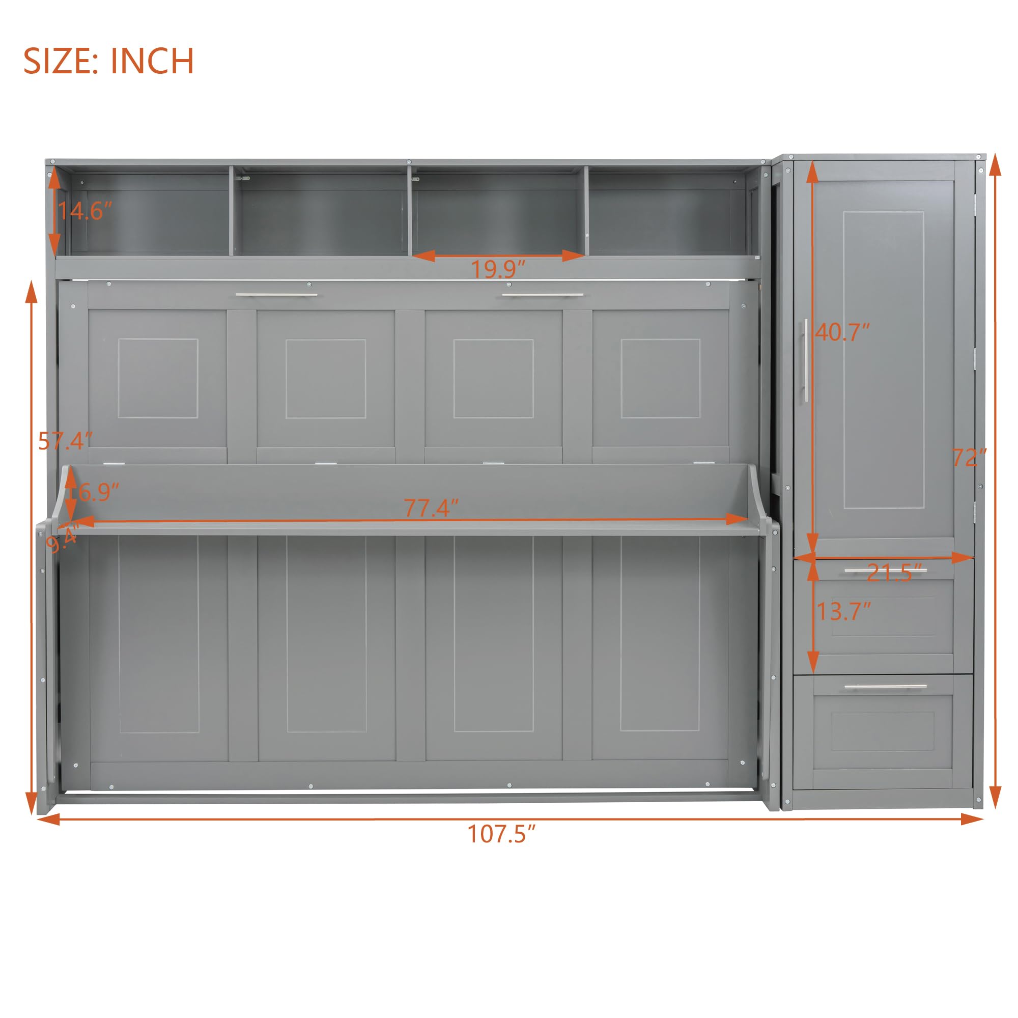 Ball & Cast Murphy Bed Full Size with Five-Layer Cabinet,Solid Wood Storage Hidden Wall Bedframe,W/Folding Designed,Space-Saving,for Home Office,Study,Guest Room,Gray