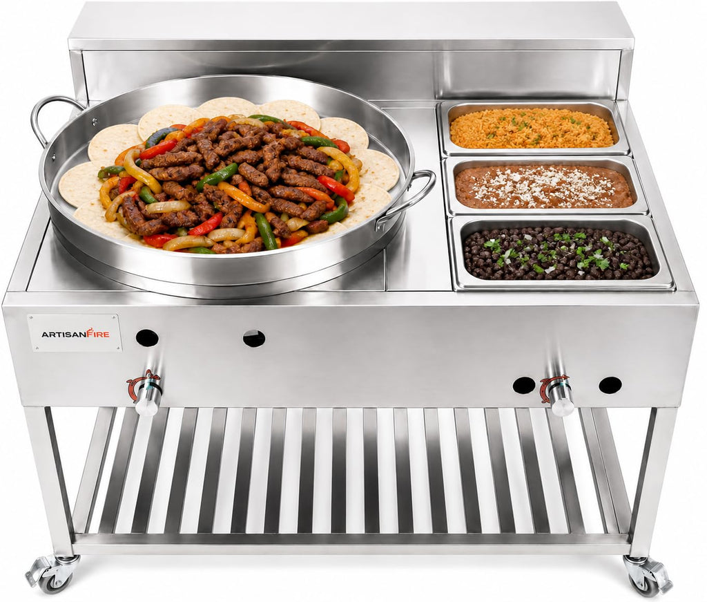 Stainless Steel Concave Discada Grill Stove with 3 Pan Steam Table-Large Comal Taco Cart-with Hose + Regulator-Ideal for Commercial and Home Use