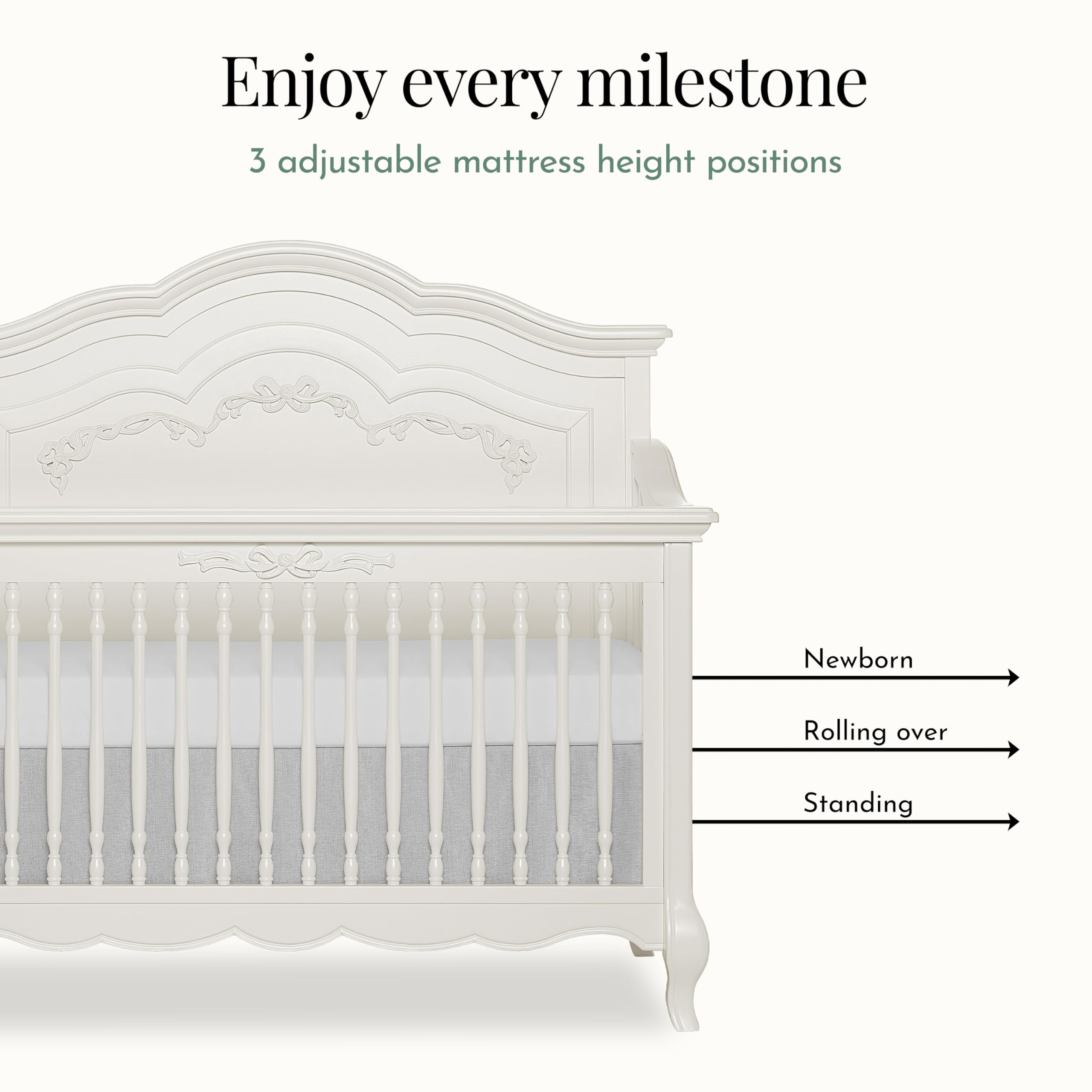 Evolur Aurora 5-in-1 Convertible Full-Size Baby Crib in Ivory Lace, GreenGuard Gold & JPMA, 3 Mattress HeightsRibbon Bow Scrollwork & Queen Anne Feet, Converts to Toddler, Day & Full-Size Bed