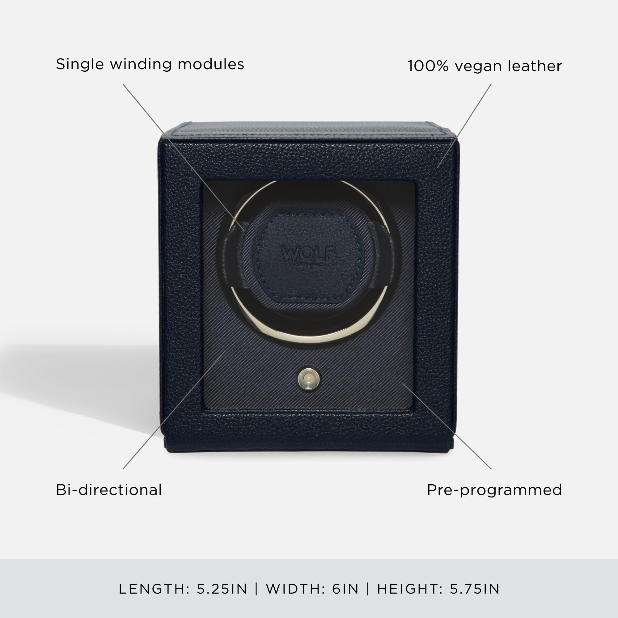 Wolf Cub Single Watch Winder with Glass Cover, Navy - Secure Fit with Patented Lock-in Dynamic Cuff - Accommodates All Wrist Sizes - Vegan Leather - Includes Universal Adapter