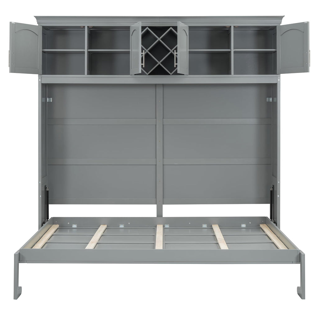 Merax Queen Size Murphy Bed, Foldable Wall Bed with Storage Cabinet, Dual Piston Metal Mechanism & Wooden Slats, No Box Spring Needed, Space-Saving for Small Apartment, Studio, Guest Room, Gray