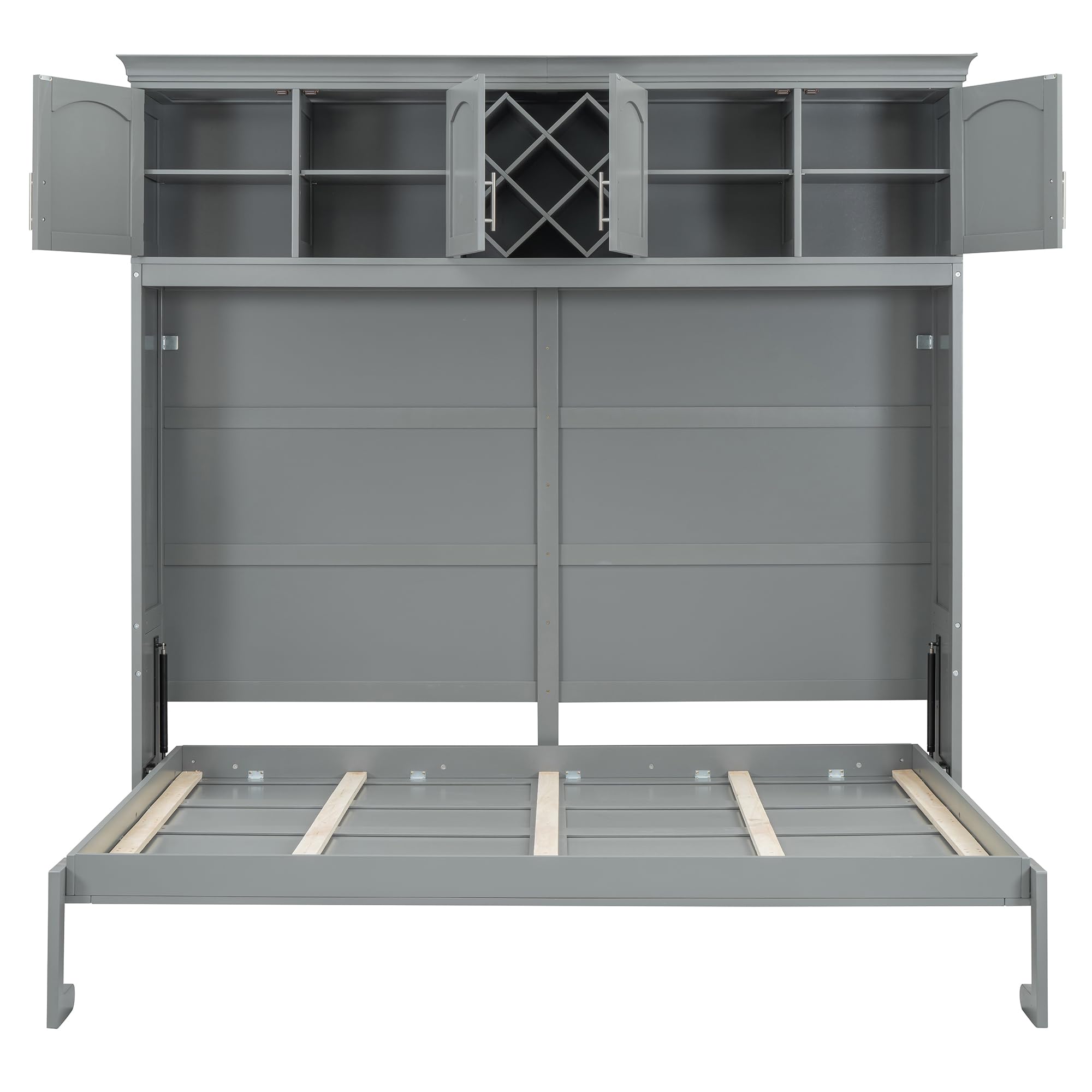 Merax Queen Size Murphy Bed, Foldable Wall Bed with Storage Cabinet, Dual Piston Metal Mechanism & Wooden Slats, No Box Spring Needed, Space-Saving for Small Apartment, Studio, Guest Room, Gray