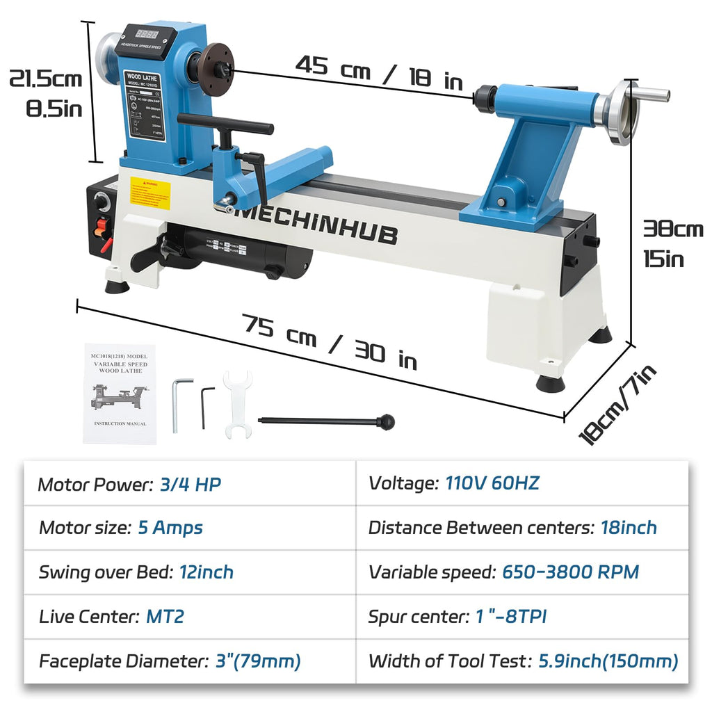 12" x 18" Digital Display Wood Lathe Machine, Benchtop Wood Lathe Machine 3/4HP 110V Infinitely Variable Speed 650-3800 RPM Professional for High Speed Sanding and Polishing