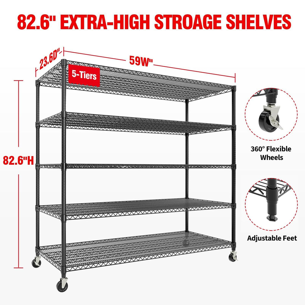 ActiveTrail 82.6" H x 59" W Storage Rack with Wheels, 5-Tier Heavy-Duty Wire Shelving Unit, Adjustable Shelves, Supports up to 3300 LBS, Ideal for Garage, Kitchen, Pantry, and Home Organization