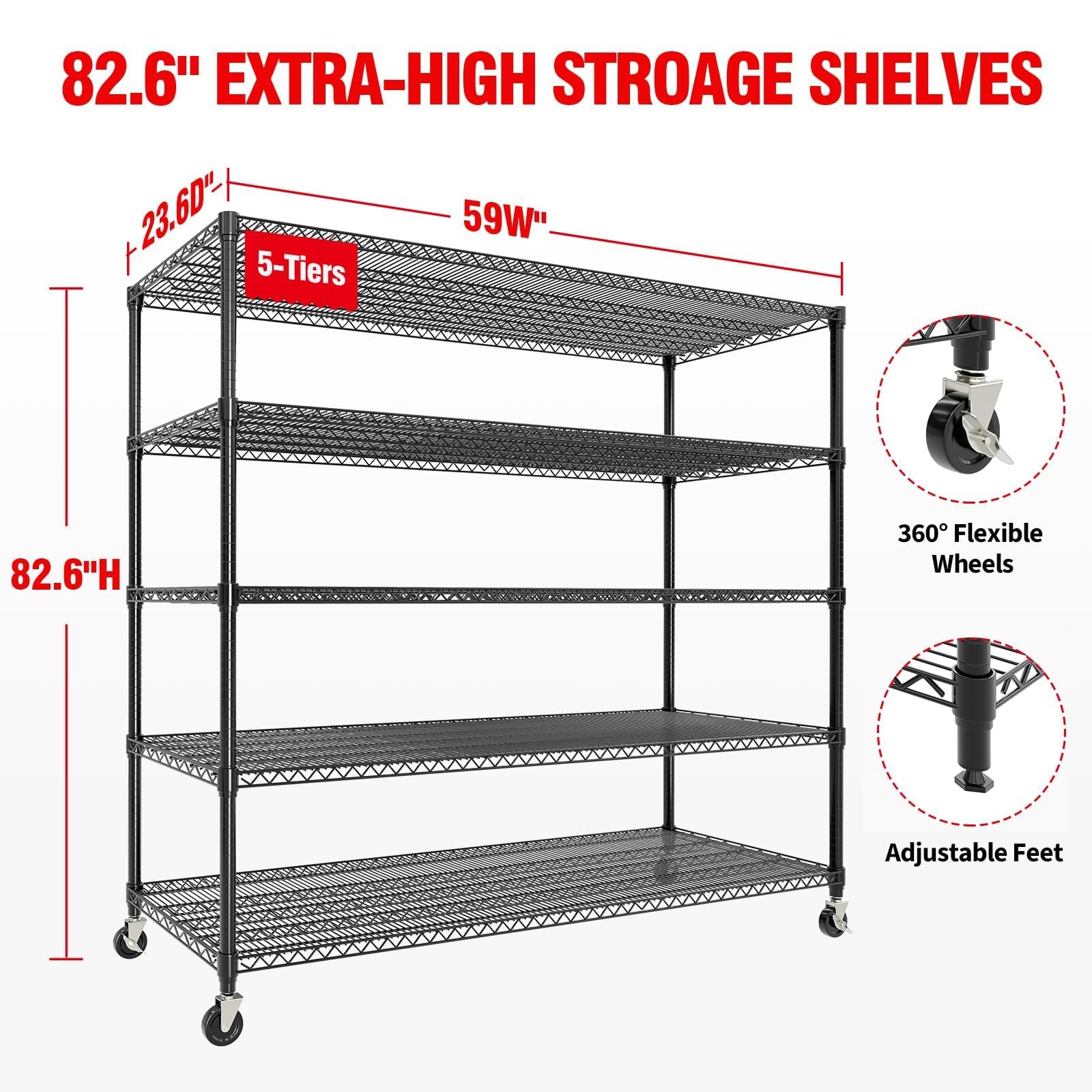 ActiveTrail 82.6" H x 59" W Storage Rack with Wheels, 5-Tier Heavy-Duty Wire Shelving Unit, Adjustable Shelves, Supports up to 3300 LBS, Ideal for Garage, Kitchen, Pantry, and Home Organization