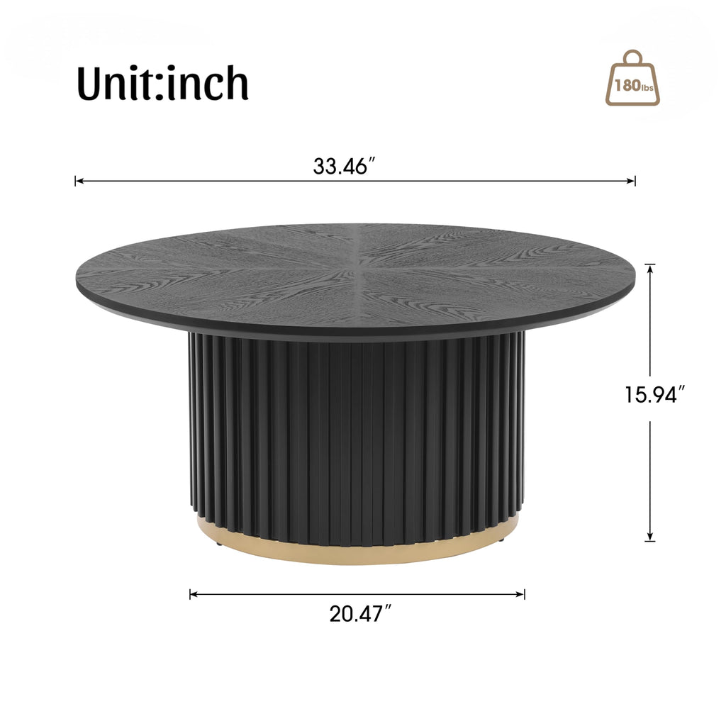 Christopher Knight Home Modern Round Coffee Table 33.46" Fluted Pedestal Base Sculptural Accent Table with Ash Veneer Top and Gold Metal Detail for Living Room Lounge and Minimalist Interiors, Black