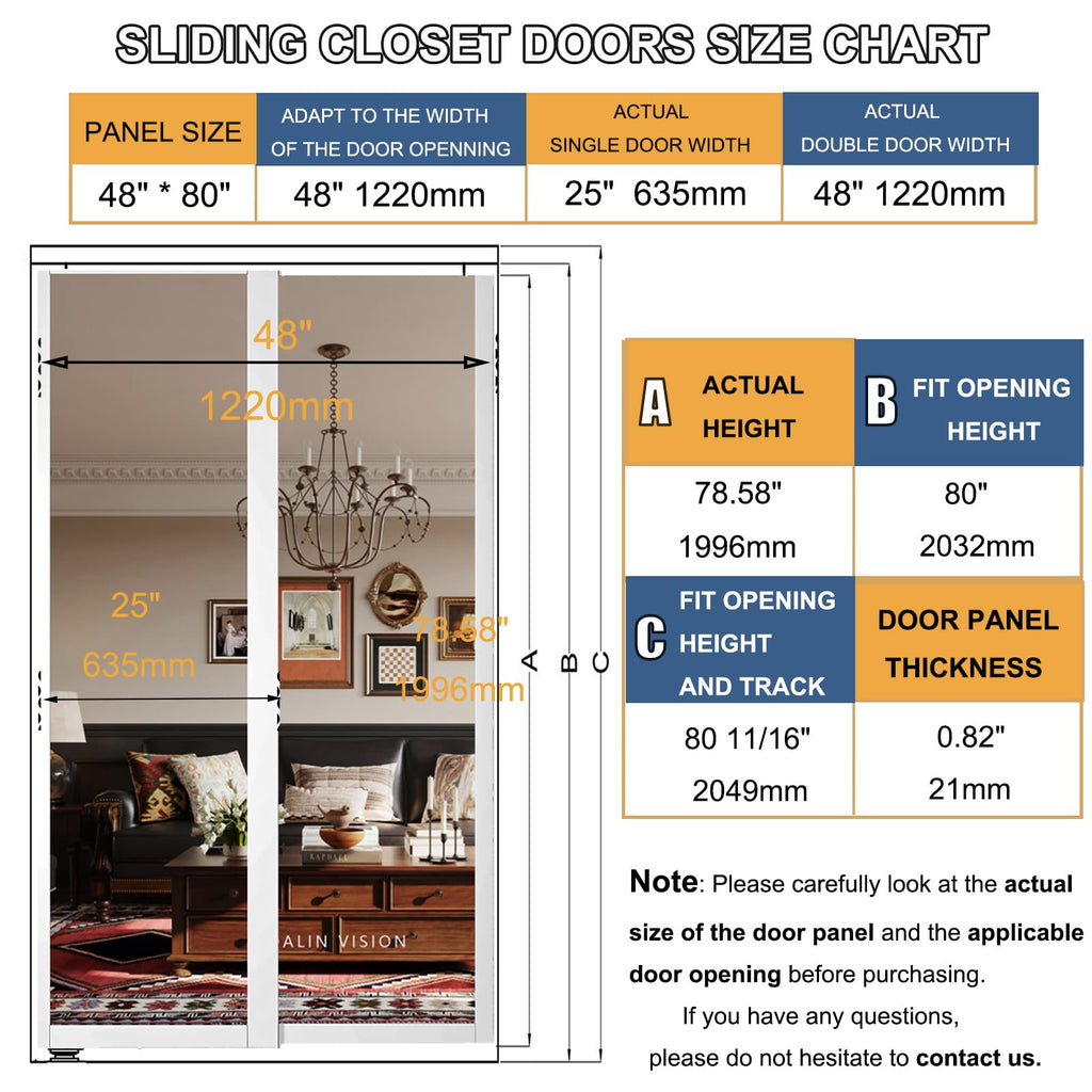 SOLRIG Closet Doors, 60"(Double 30.98") x 80" Mirror Closet Doors,1-Lite Mirror Sliding Door with Hardware Track Kit & Floor Guide, Finished Doors 2 Panels, MDF, White