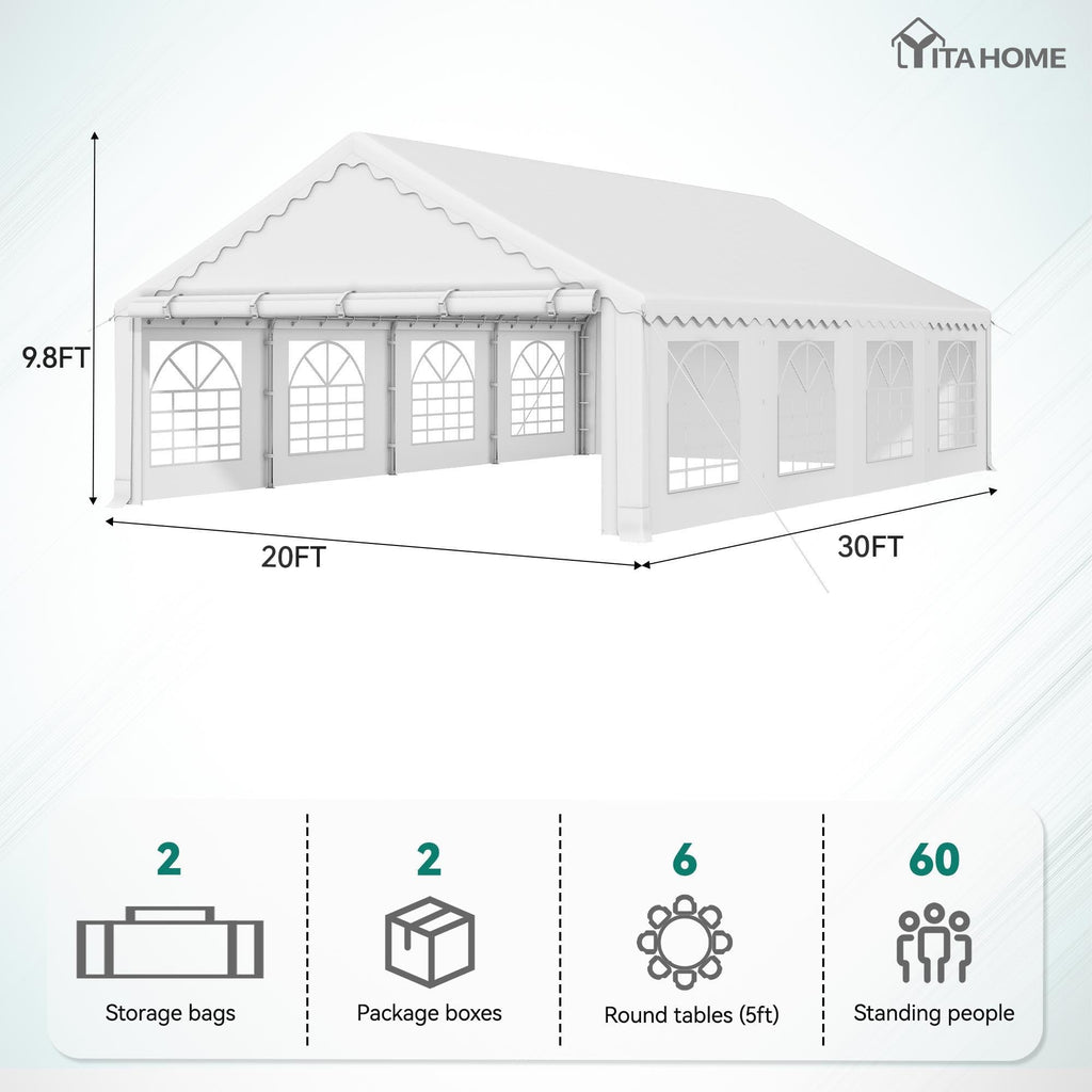 YITAHOME 20x30FT Party PVC White Tent Heavy Duty Wedding Event Shelters Upgraded Galvanized Ripple Canopy with Large Roof Removable Sidewalls & 2 Storage Bags 600D Oxford for Outdoor Weddings, BBQ