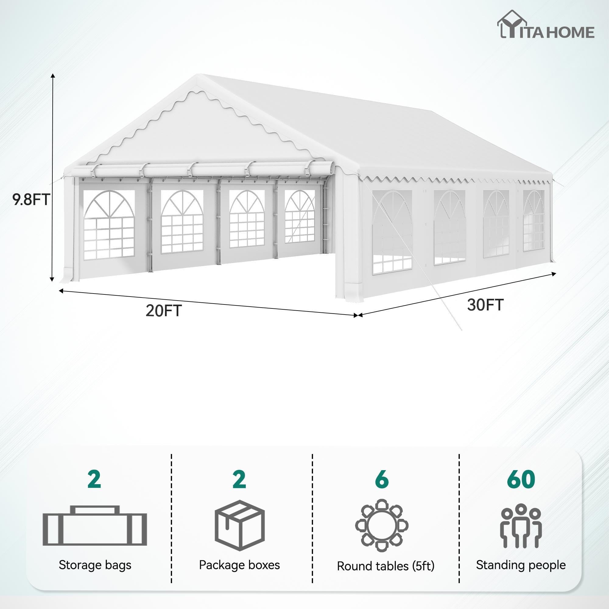 YITAHOME 20x30FT Party PVC White Tent Heavy Duty Wedding Event Shelters Upgraded Galvanized Ripple Canopy with Large Roof Removable Sidewalls & 2 Storage Bags 600D Oxford for Outdoor Weddings, BBQ