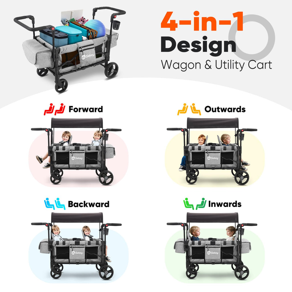 Sekey Wagon Stroller for 2 Kids, Luxury 4-in-1 Stroller Wagon - Premium Quality with Convertible Seats, Adjustable Push Handles, Removable Canopy, Snack Tray & Cooler, US Certified.