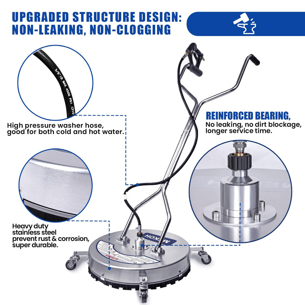 MEKOH Pressure Washer Surface Cleaner 22'', 4500PSI Stainless Steel Surface Cleaner Attachment with Wheels, Power Washer Accessory for Driveway Sidewalk Curb Deck Patio Cleaning, 3/8'' Quick-Connect