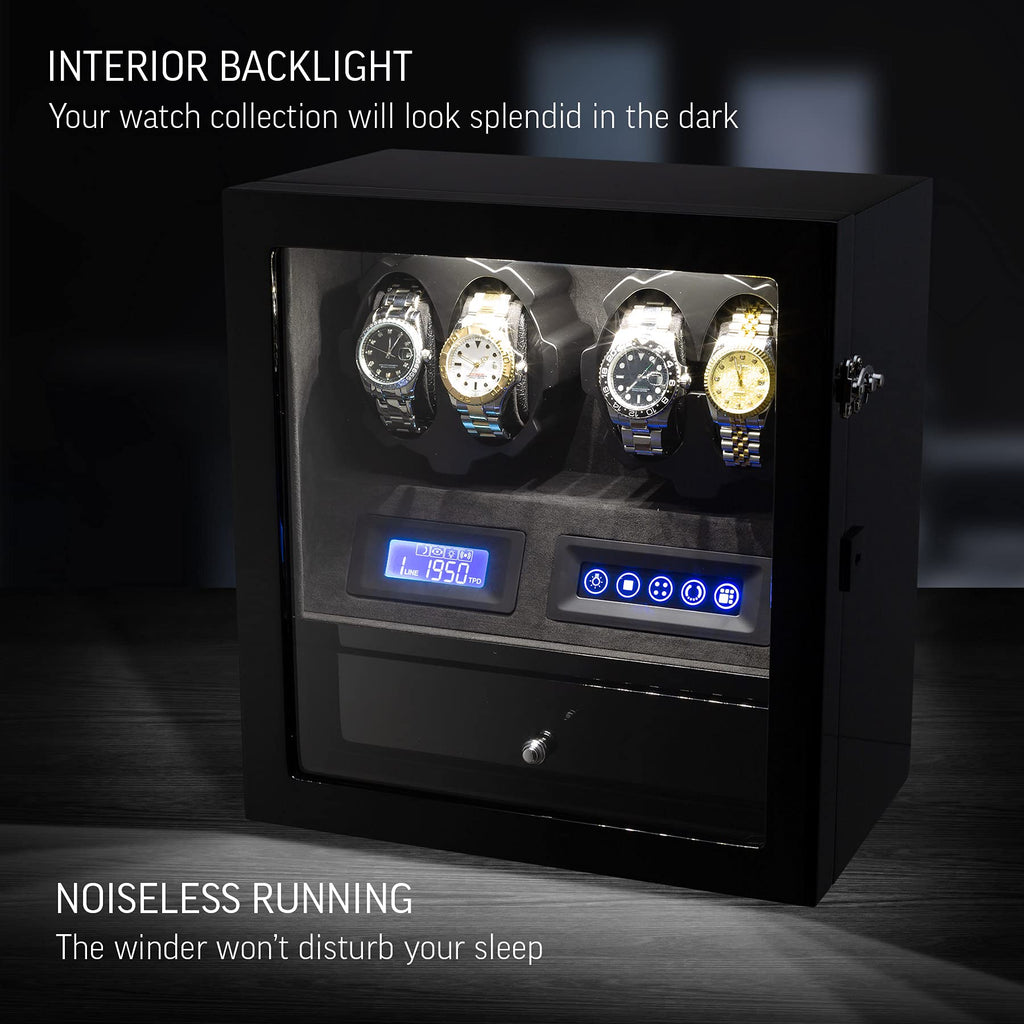 4 Watch Winder with 5 Watch Storage Space, LCD Display, Touch Control and Interior Light (Black + Black Velvet)