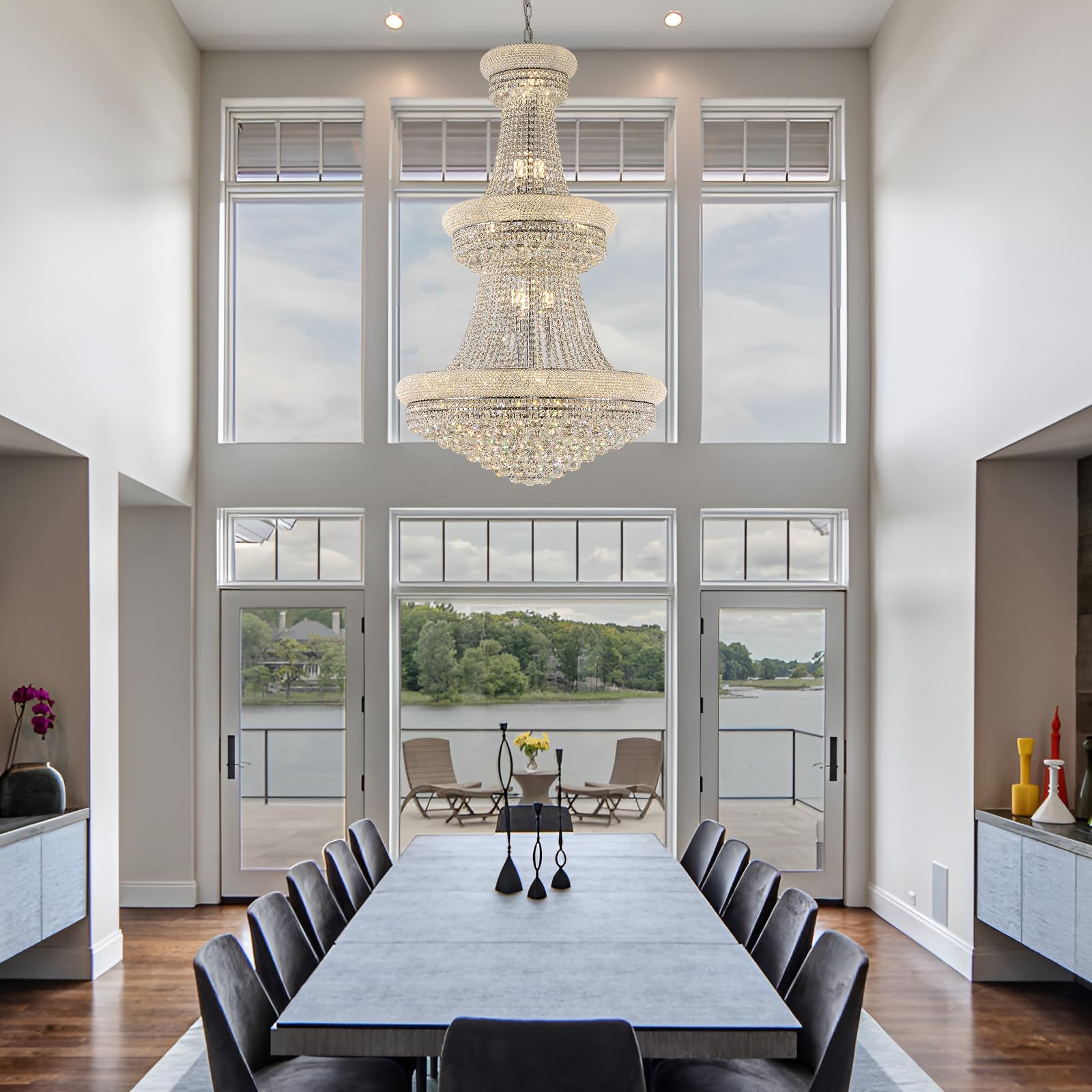 31 Lights Chrome Finish Large Empire Crystal Chandelier - Three-Tier, High Ceiling Chandelier Light fixtures for Foyer Staircase Living Room Entryway (Dia 32'')