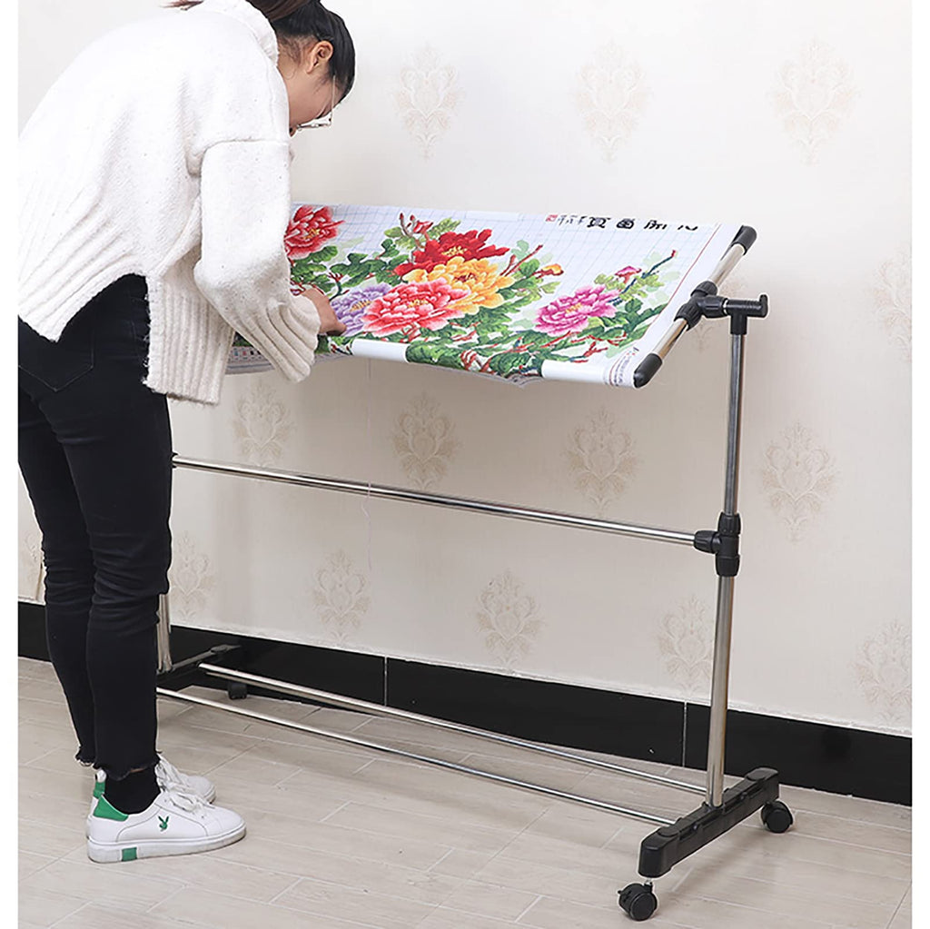 Embroidery Stand with Wheels, Needlework Floor Frame, Height Adjustable Standing Embroidery Lap Table, Stainless Steel Cross Stitch Craft Stand for Art Craft Sewing Holder