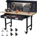 Workbench 60" x 22" Adjustable Height Worktable, Heavy Duty Rubber Wood Top, 2000 LBS Load Capacity, Tool Storage Workstation with Drawer, Pegboard, Power Outlets & Lockable Wheels, with Drawer Back