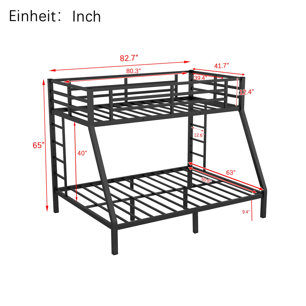 Bellemave Metal Bunk Bed Twin XL Over Queen, Heavy Duty Bed Frame with Guardrails & 2 Side Ladders, Noise Free Sturdy Twin Over Queen Bunk Beds for Adults & Kids, Black
