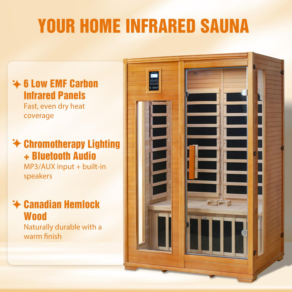 EAGLE PEAK 2 Person Low EMF Far Infrared Sauna, Red Light and Chromotherapy Lighting, Bluetooth Speakers, USB Port, Indoor Dry Heat Sauna, Canadian Hemlock Wood, Brown
