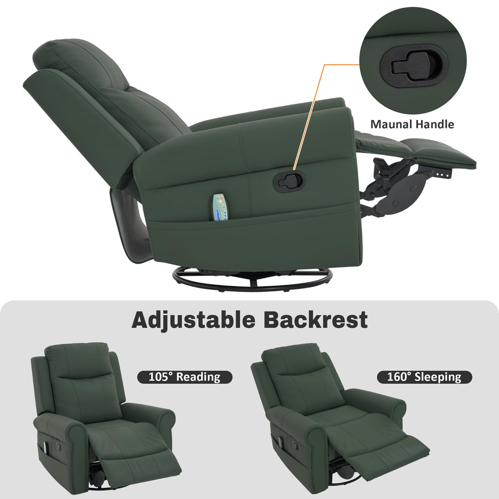 Merax 270°Swivel Rocker Recliner Chair, PU Leather Manual Recliner with Massage and Heating, Dual Reclining Positions and Side Pocket and for Living Room, Bedroom, or Nursery, Green