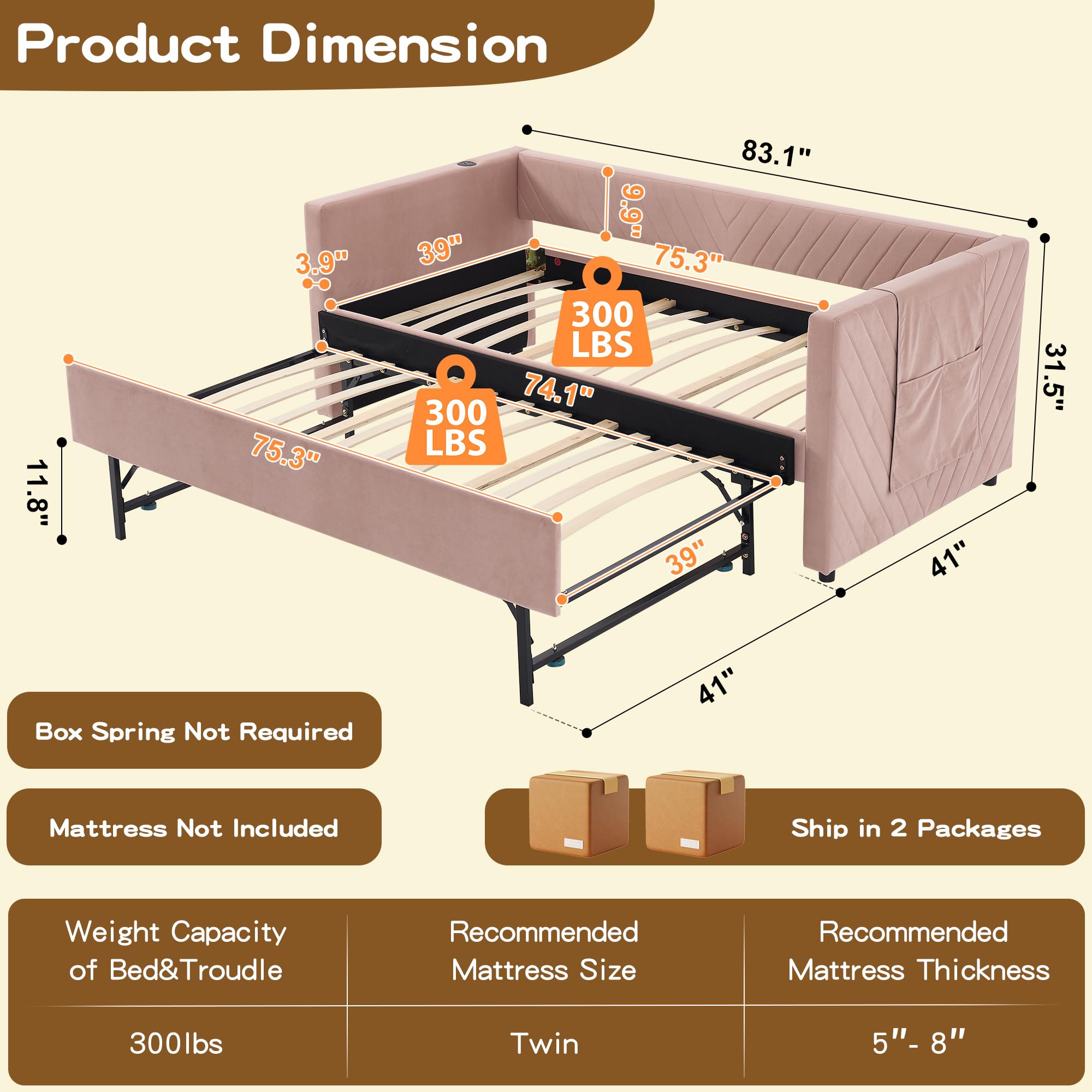 DNYN Velvet Daybed with Pop-up Trundle and USB Ports for Bedroom/Guest/Living Room, Space-Saving Twin Size Bed Frame with Side Pockets and V-Grained Backrest Design, No Box Spring Needed