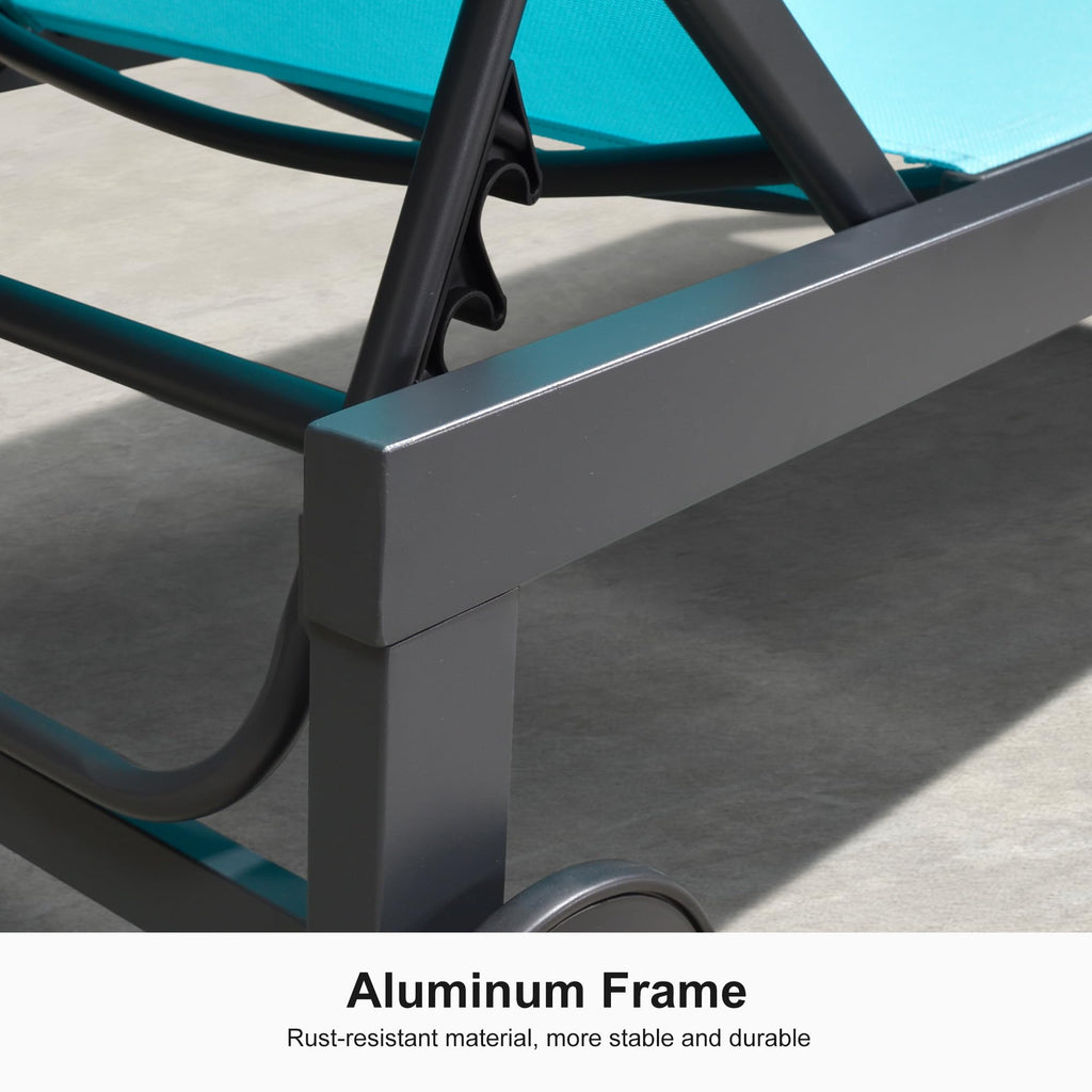 PURPLE LEAF Outdoor Chaise Lounge with Wheels Armrests Aluminum Pool Lounge Chairs Set of 2 Patio Chaise Lounge with 5 Position Recliner Includes Side Table for Deck Yard Poolside Turquoise Blue