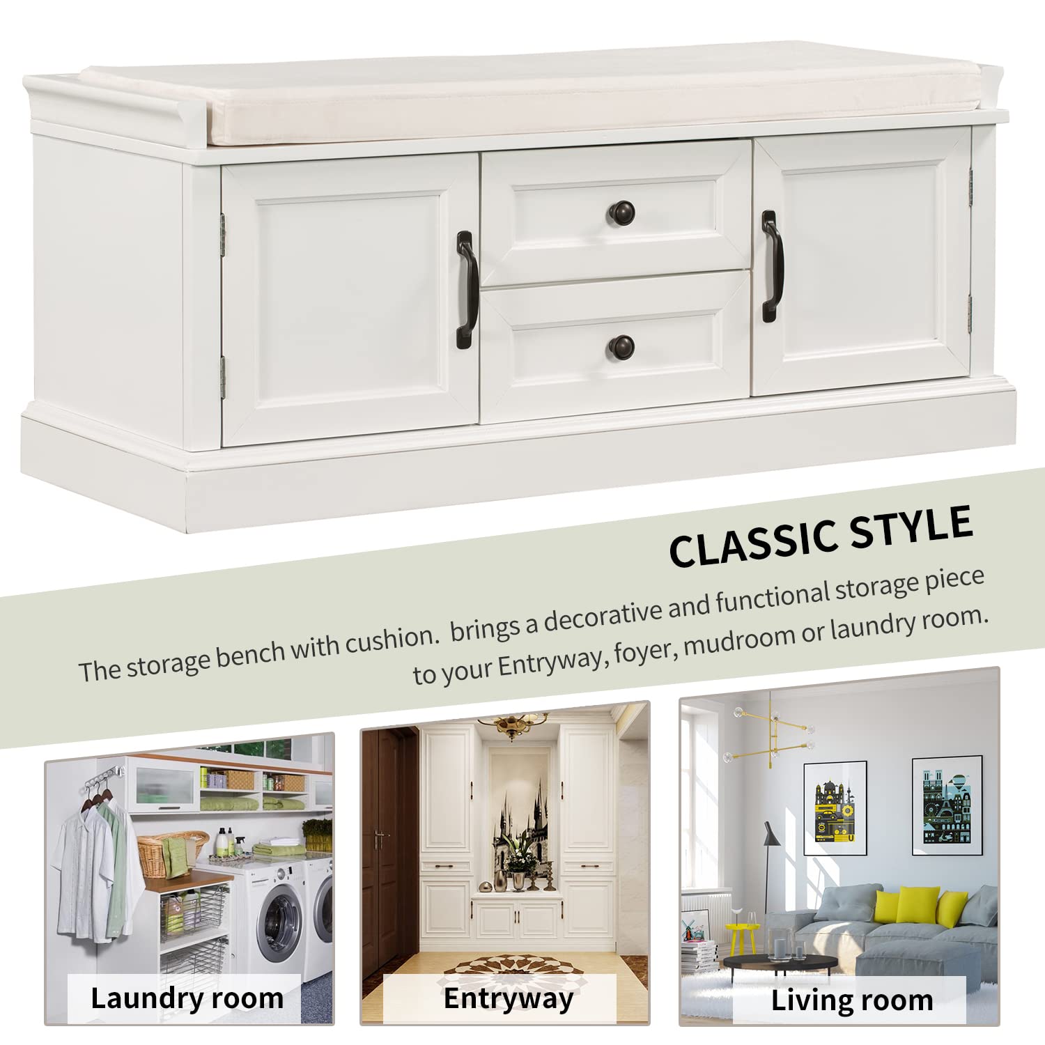 Merax Modern Wood Storage Bench with 2 Drawers and 2 Cabinets for Living Room Bed Room Entryway White
