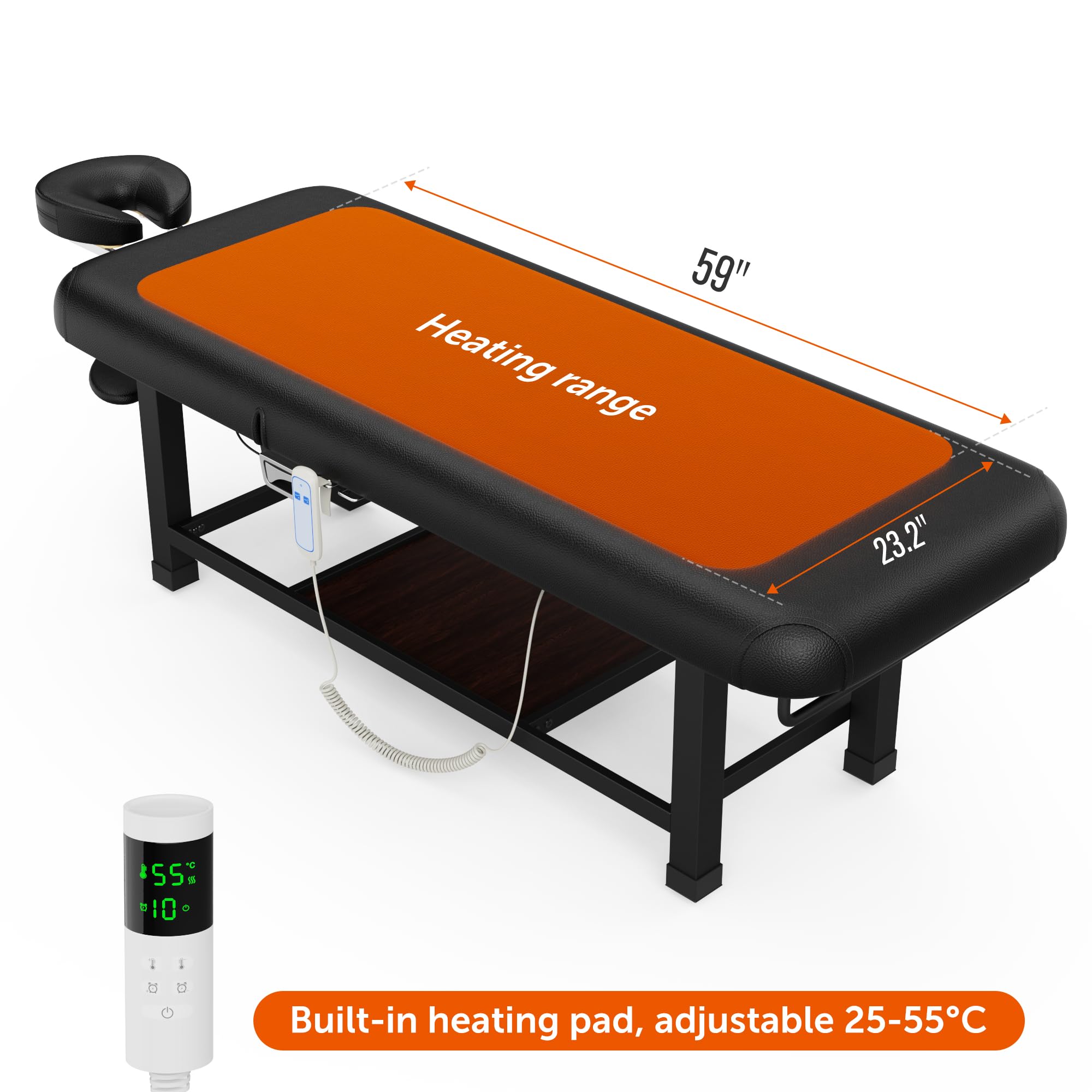 Dolonm Heating Function 30 Wide x 75 Long Heavy Duty Electric Stationary Massage Table with Backrest Adjustable and Storage Space for Treatment/Medical Spa/Facial/Beauty/Massage Bed and More - Black
